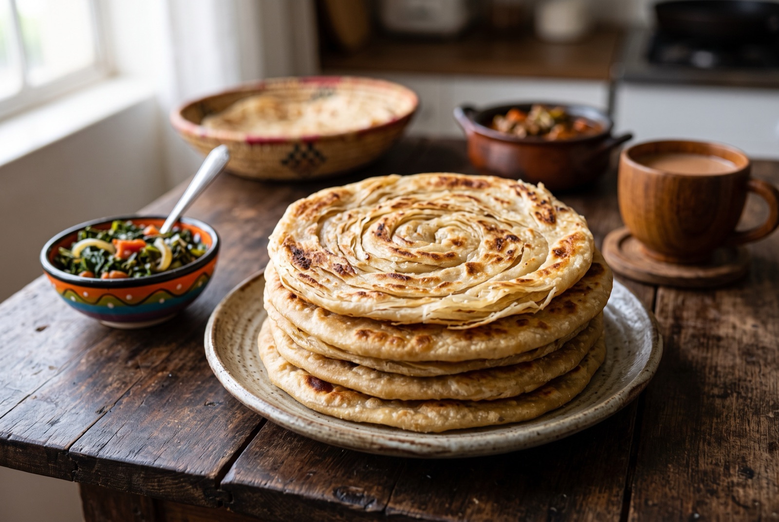 Stack of golden brown Kenyan chapatis with dark blistered spots, one torn open to show thin layers