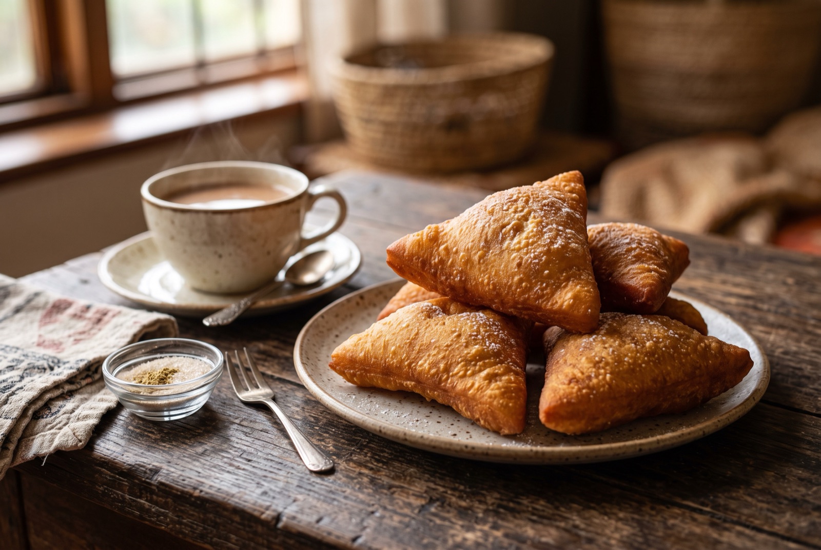 Golden triangular Kenyan mandazi piled on a plate, one torn open to show the hollow airy centre