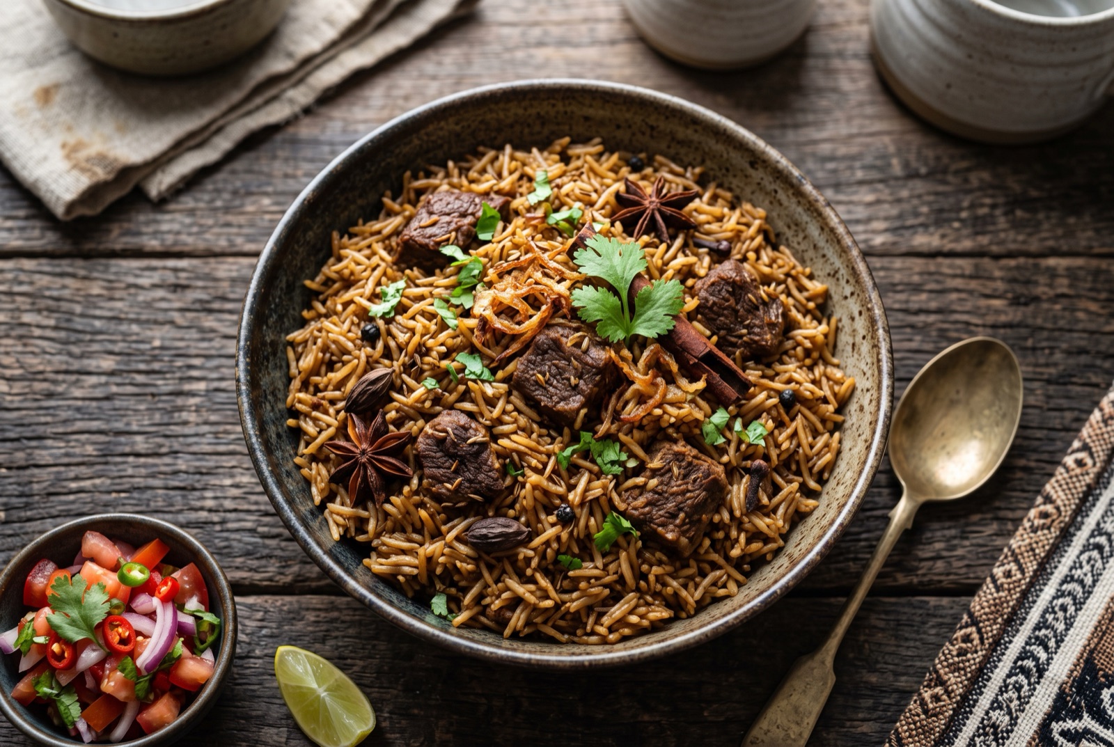 Pot of brown Kenyan pilau rice with chunks of beef, whole cardamom pods and chopped coriander on top