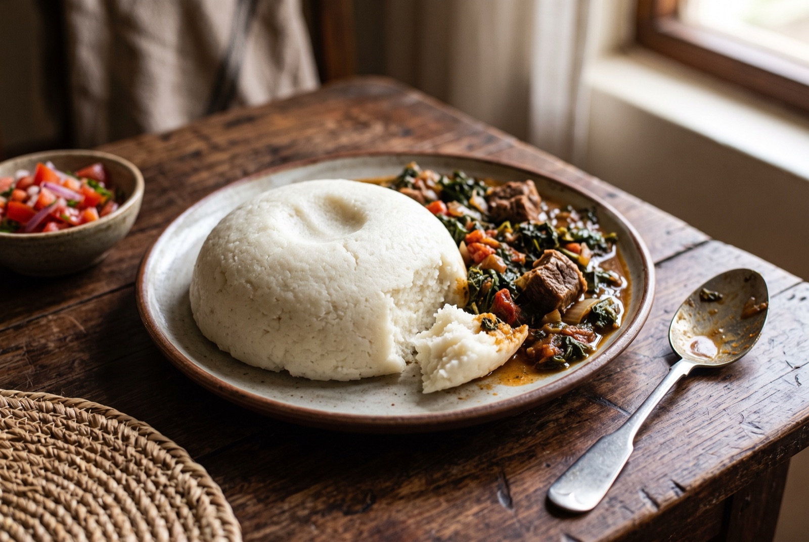 A smooth white dome of Kenyan ugali turned out on a plate beside a bowl of braised greens