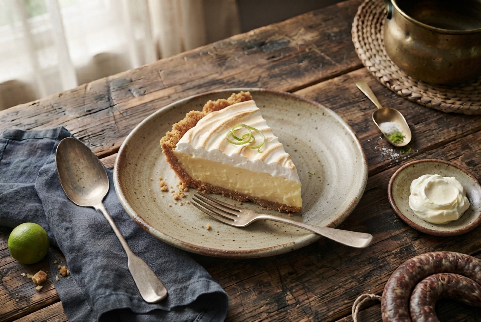 Slice of pale yellow key lime pie in a graham cracker crust topped with soft whipped cream and lime zest