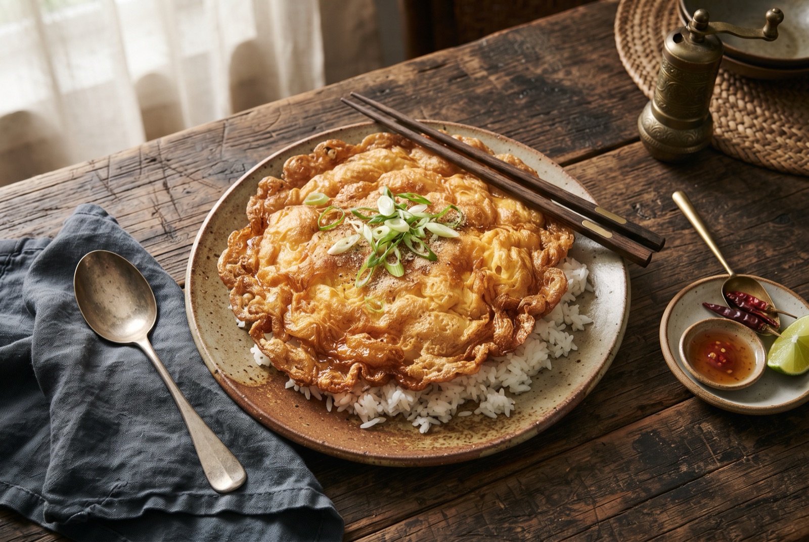 Puffed golden Thai omelette with lacy crisp edges sitting on steamed jasmine rice with a stripe of chili sauce
