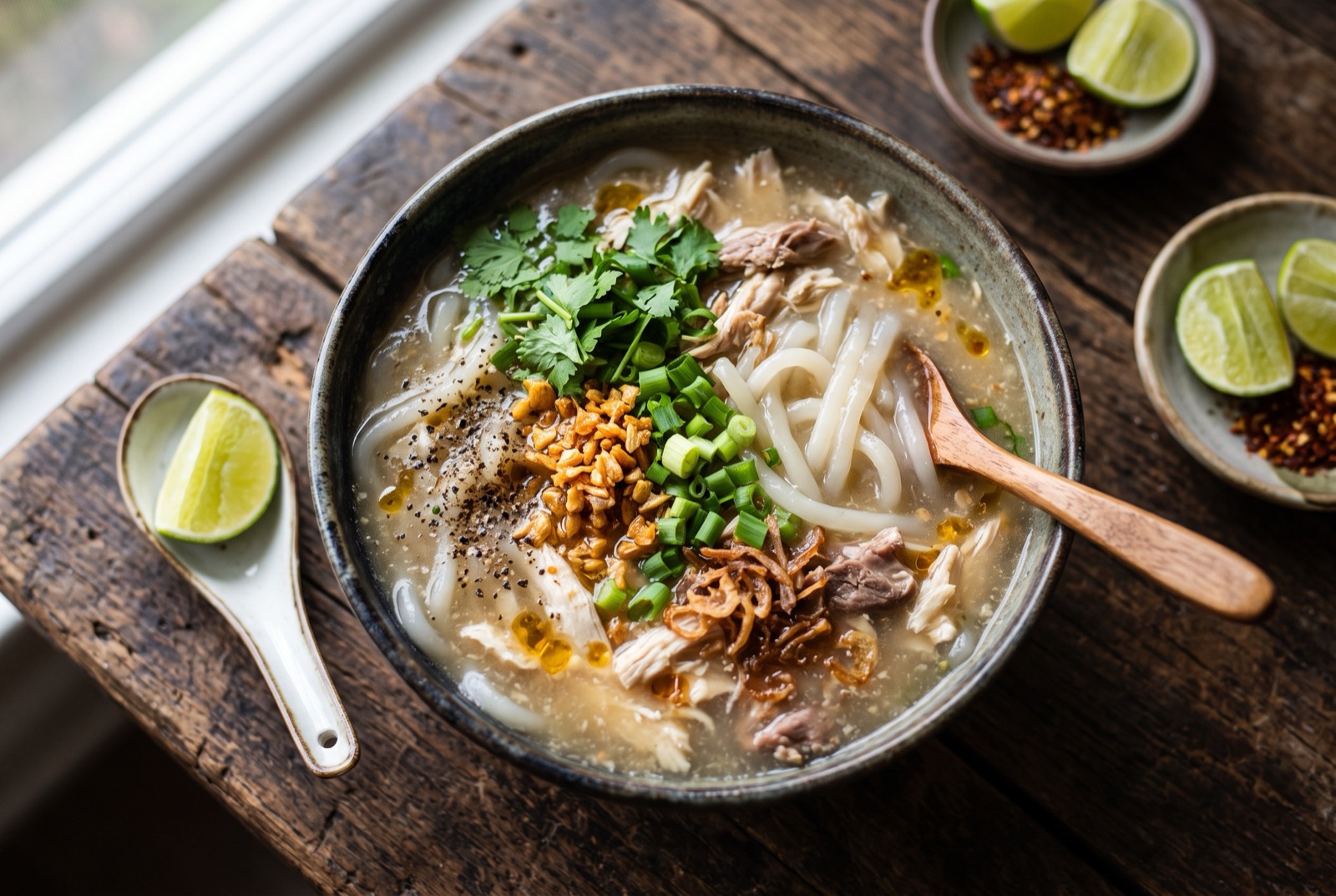 Bowl of Lao khao piak sen with thick hand-cut rice noodles, shredded chicken, fried garlic and spring onion
