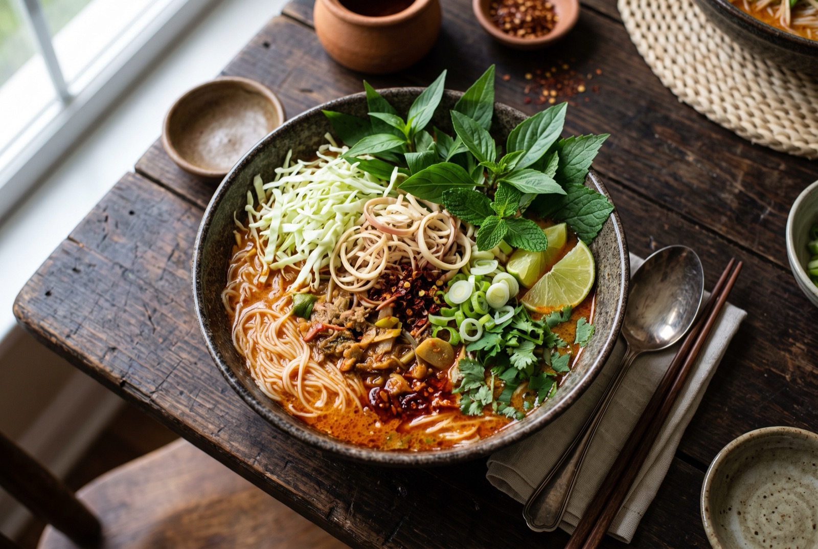 Bowl of Lao khao poon with rice vermicelli, red coconut curry broth, shredded cabbage, banana flower and herbs