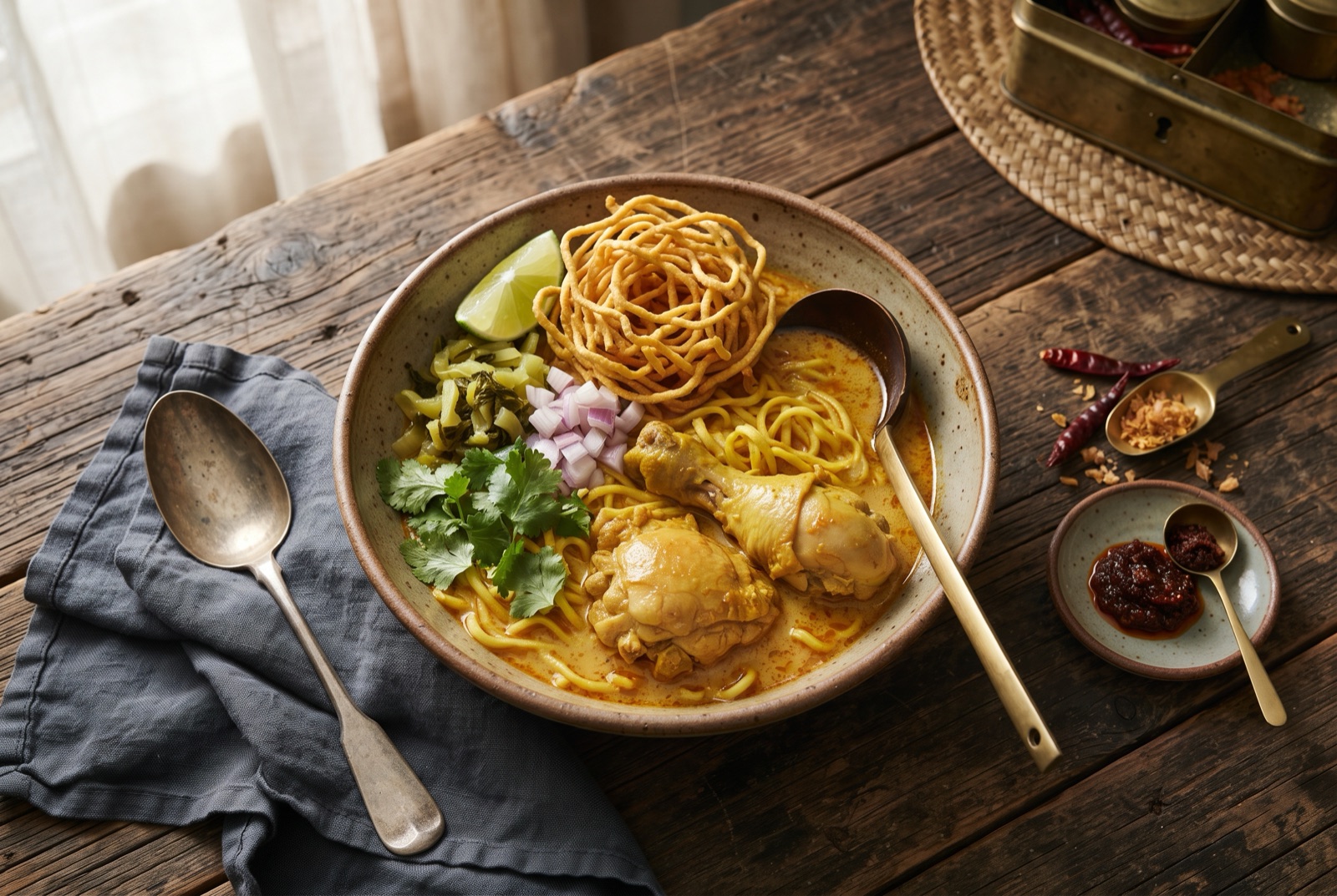 Bowl of golden coconut curry noodle soup with a chicken leg, crisp fried noodle nest, shallots and lime wedge