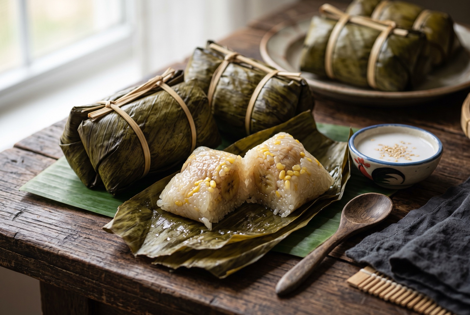 Lao banana leaf parcels of coconut sticky rice, one unwrapped to show glossy rice around a piece of banana