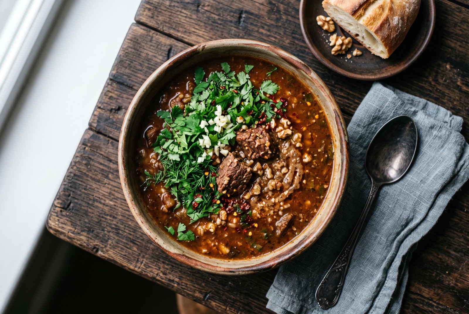 A deep bowl of thick reddish Georgian beef soup with rice, walnut oil on the surface and chopped coriander