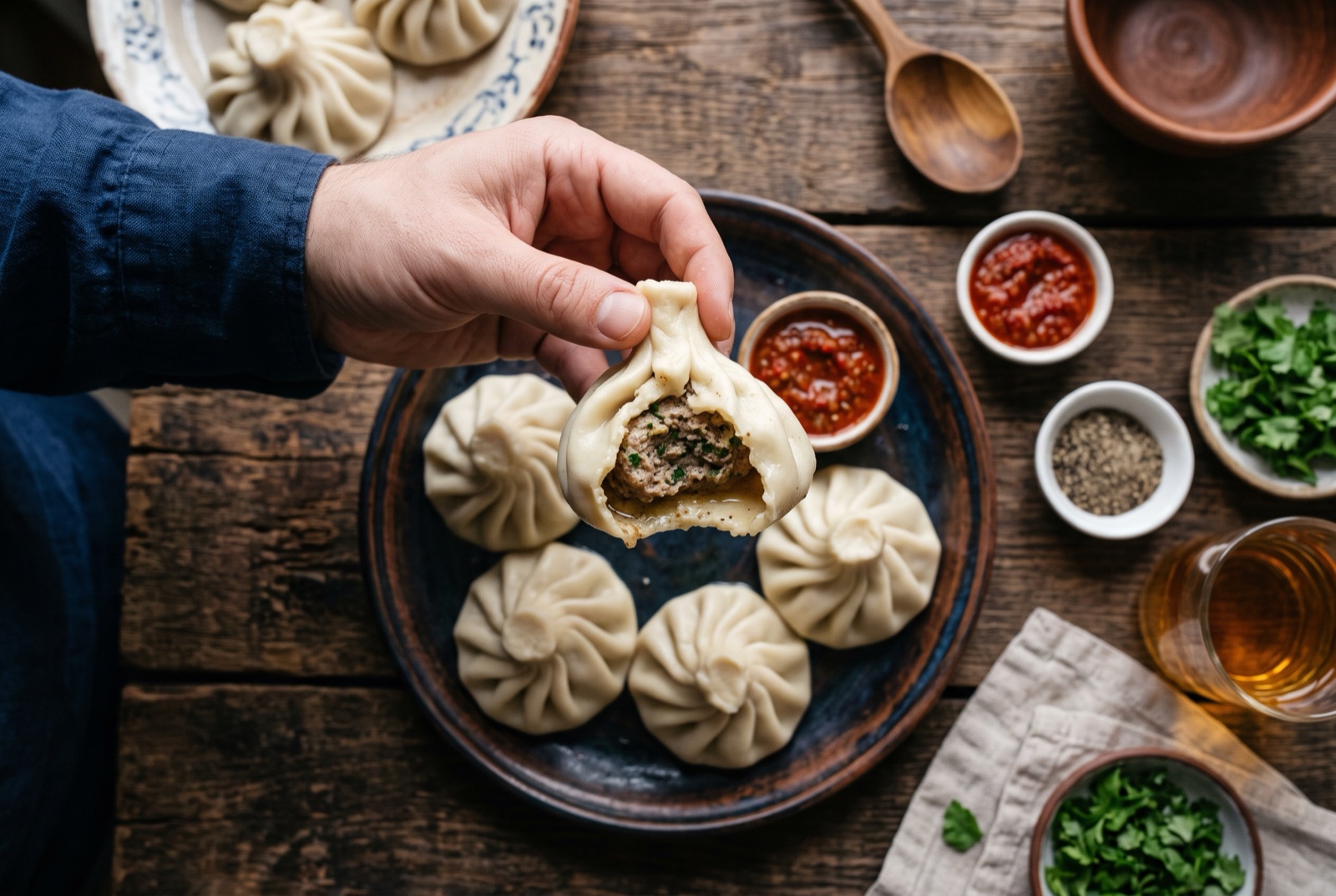 A plate of pleated Georgian khinkali dumplings with twisted topknots, dusted with coarse black pepper