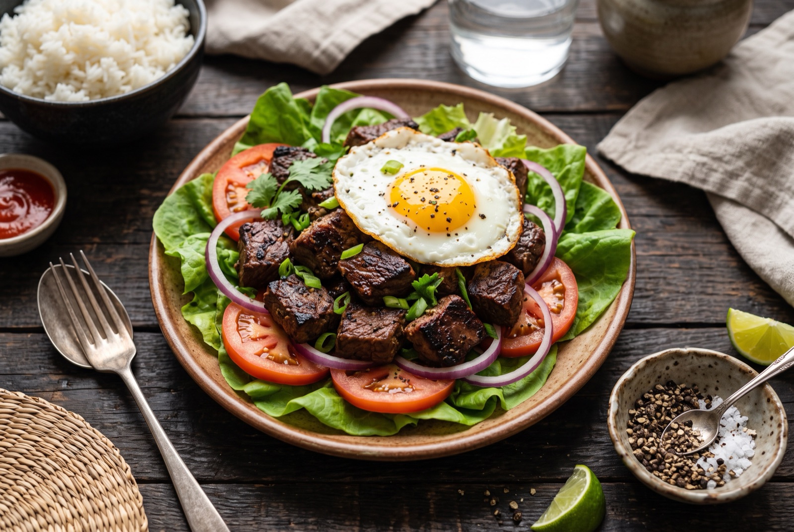 Seared beef cubes on lettuce, tomato and cucumber with a runny fried egg and a saucer of pepper-lime dip