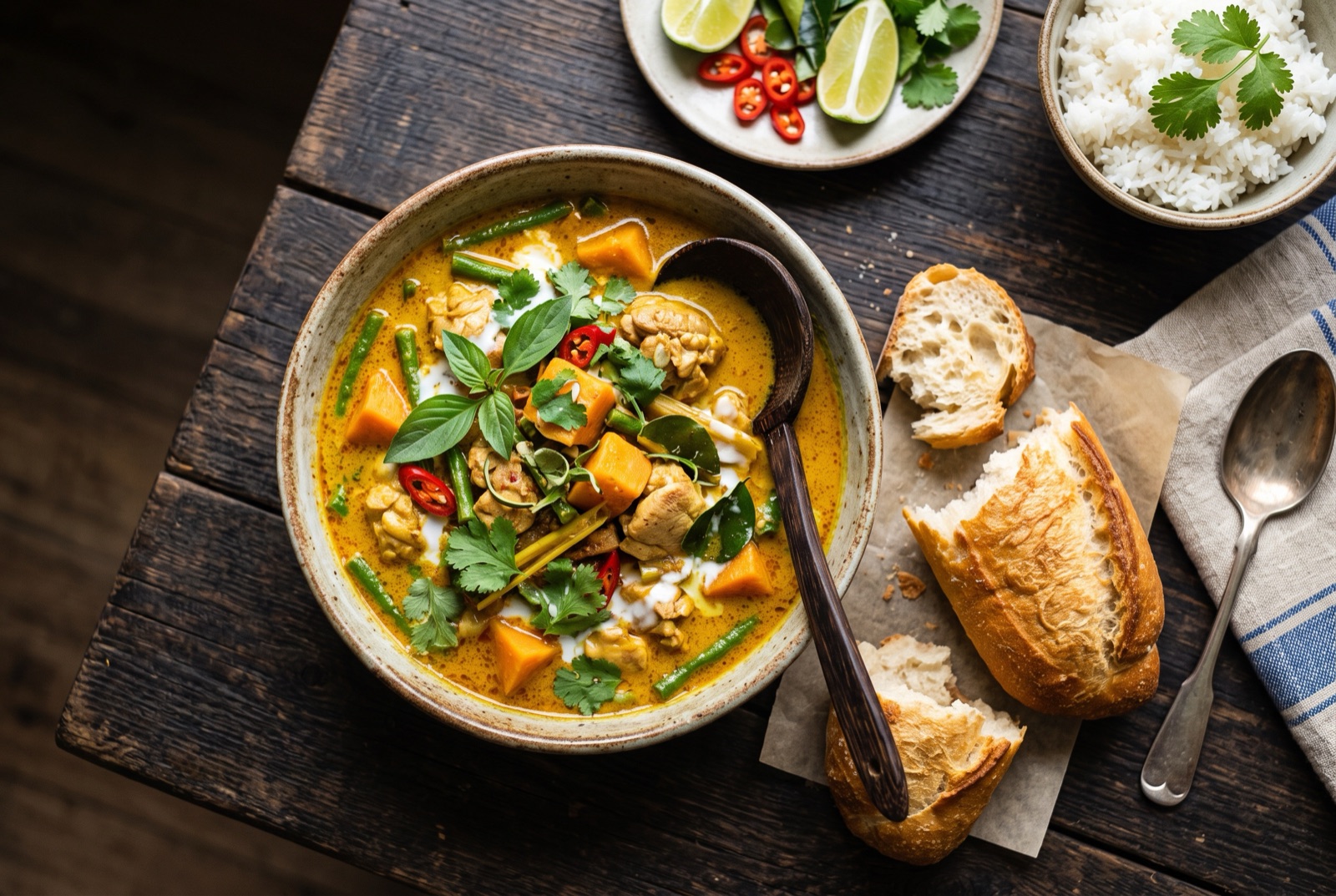 Bowl of Khmer coconut chicken curry with sweet potato and long beans, a torn baguette resting on the rim