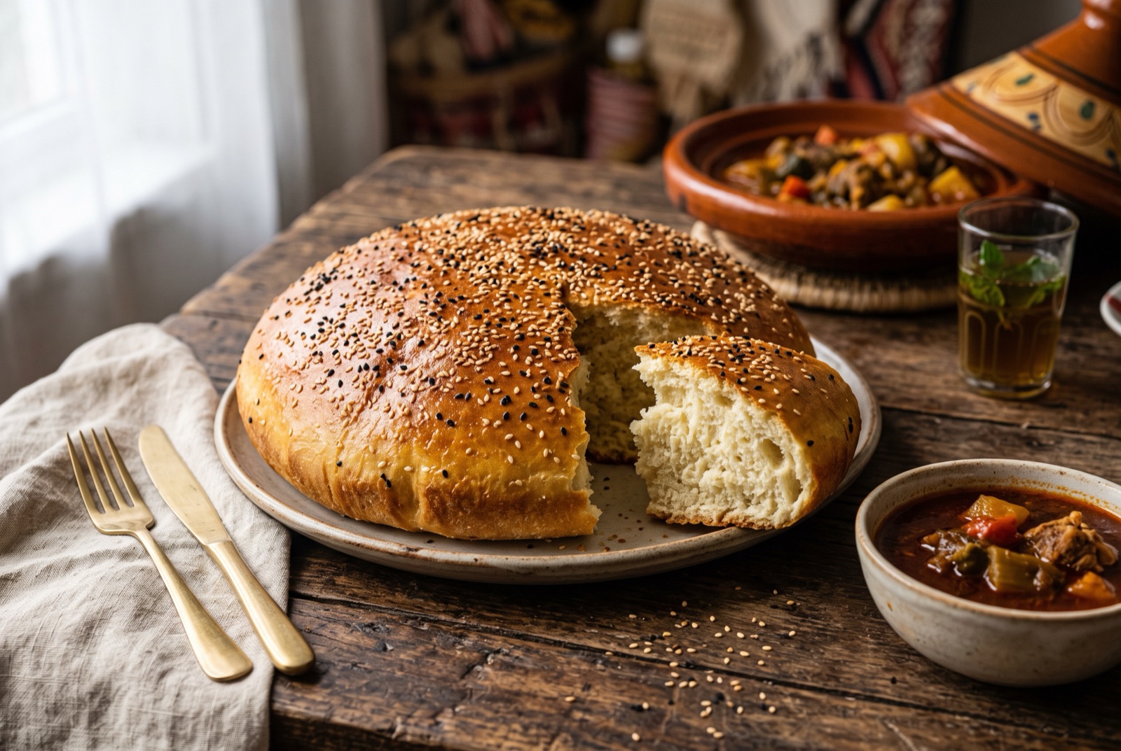 Round golden Algerian khobz dar loaf topped with sesame and nigella seeds, one piece torn away to show the soft crumb