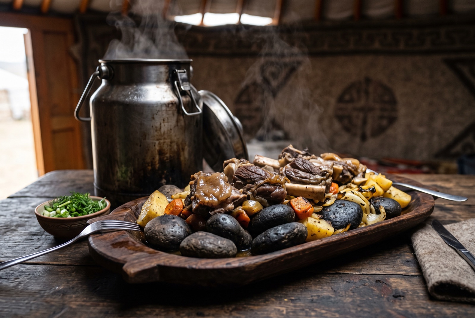 Mongolian khorkhog mutton on the bone piled with blackened hot stones and dark glossy broth in a heavy pot