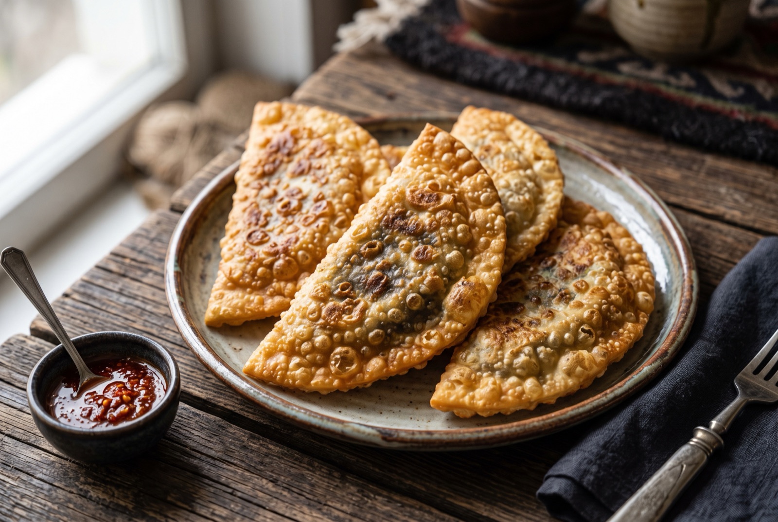 Stack of golden Mongolian khuushuur pastries with blistered fried surfaces, one torn open showing mutton filling