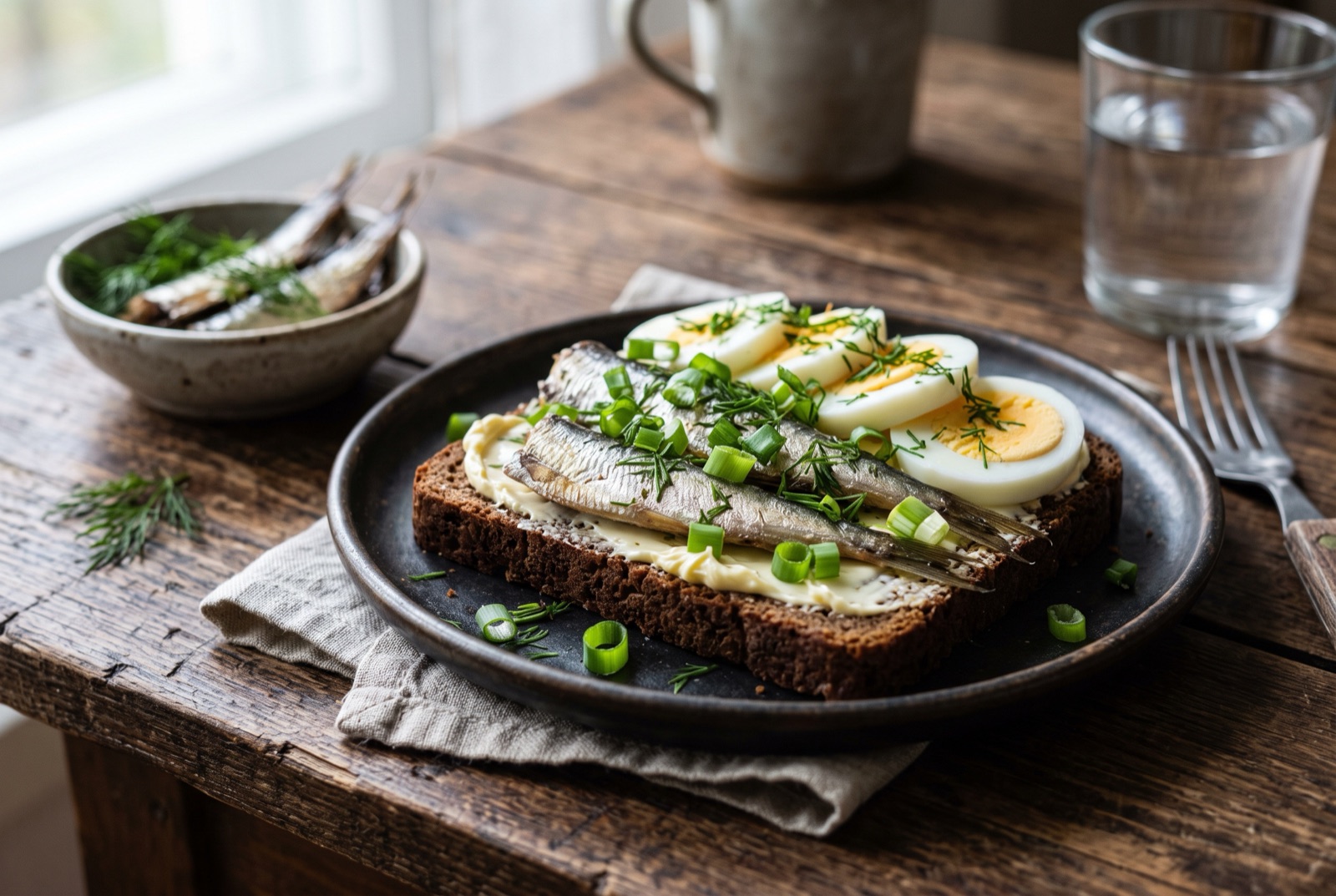 Open sandwiches of dark rye bread with butter, glossy spiced Baltic sprats, sliced egg and spring onion