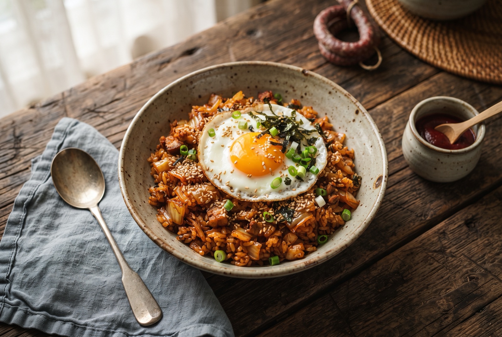 Kimchi fried rice in a bowl topped with a runny fried egg, sesame seeds and seaweed