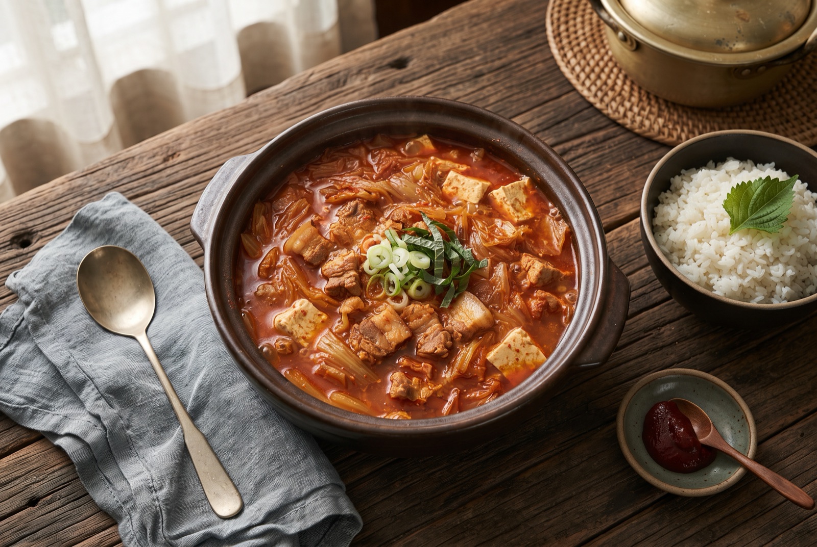 Bubbling red kimchi jjigae in an earthenware pot with pork belly slices, tofu slabs and spring onions