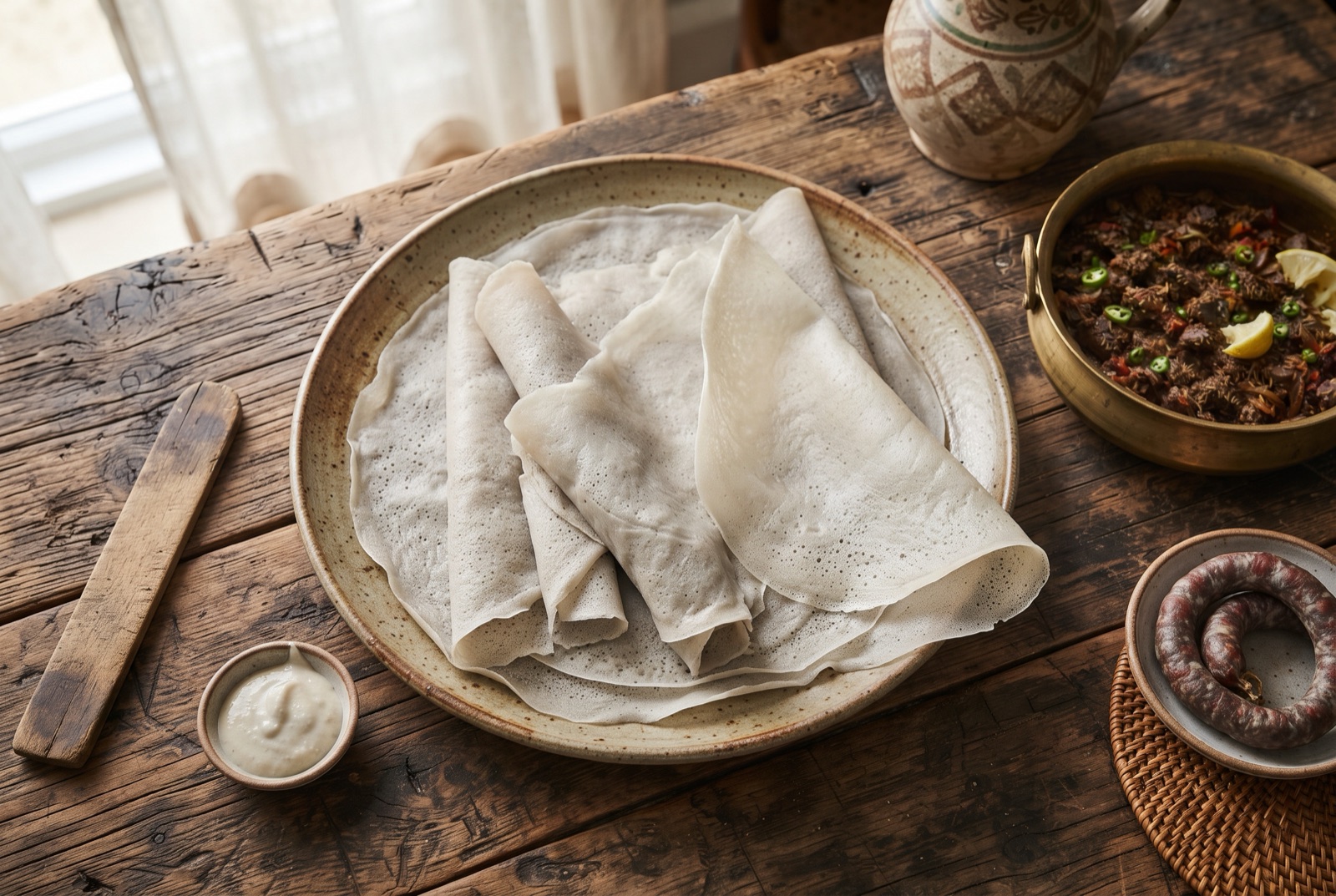 Stack of thin pale Sudanese kisra sheets folded on a woven tray beside a bowl of stew