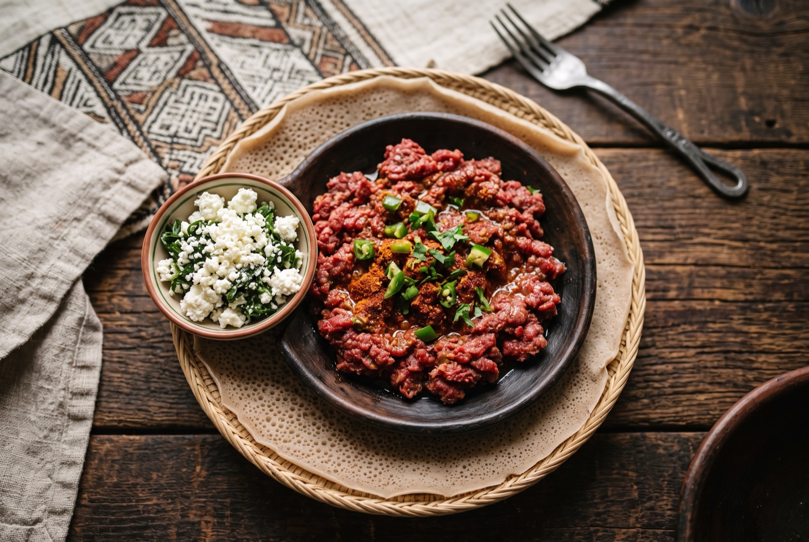 Mound of glossy red minced beef kitfo on a platter beside white crumbled fresh cheese and dark braised greens
