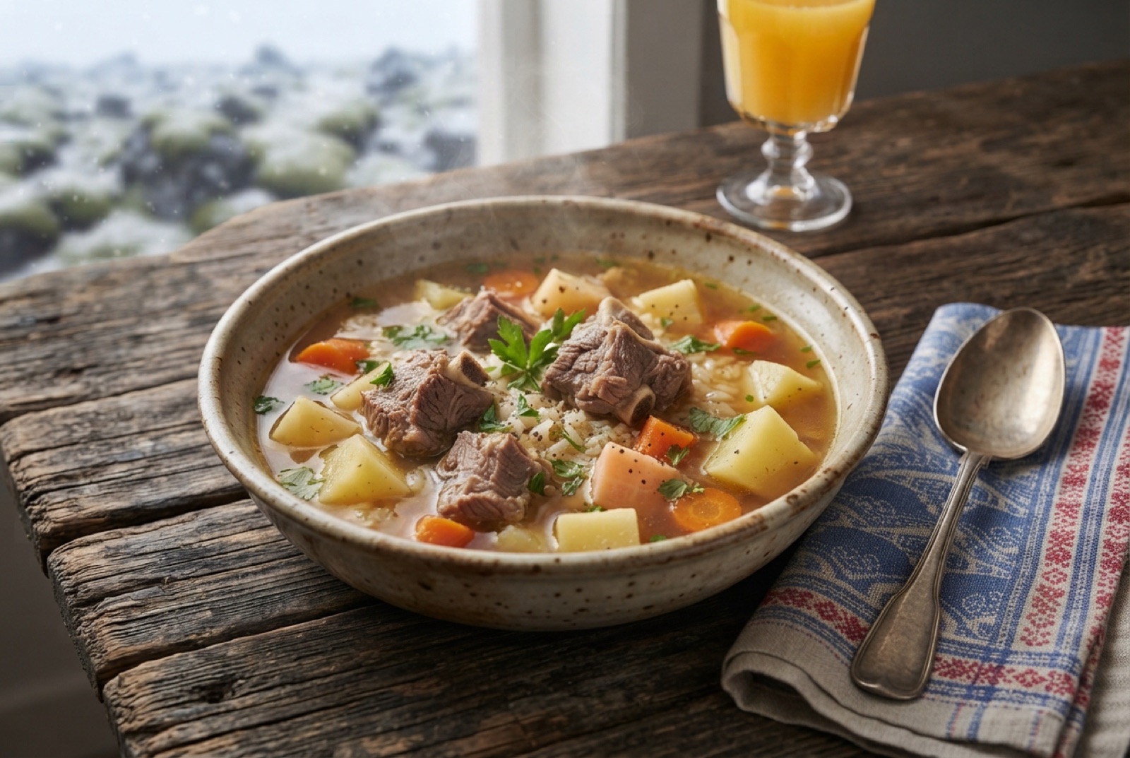 Bowl of Icelandic lamb soup with chunks of swede, carrot and potato in clear broth