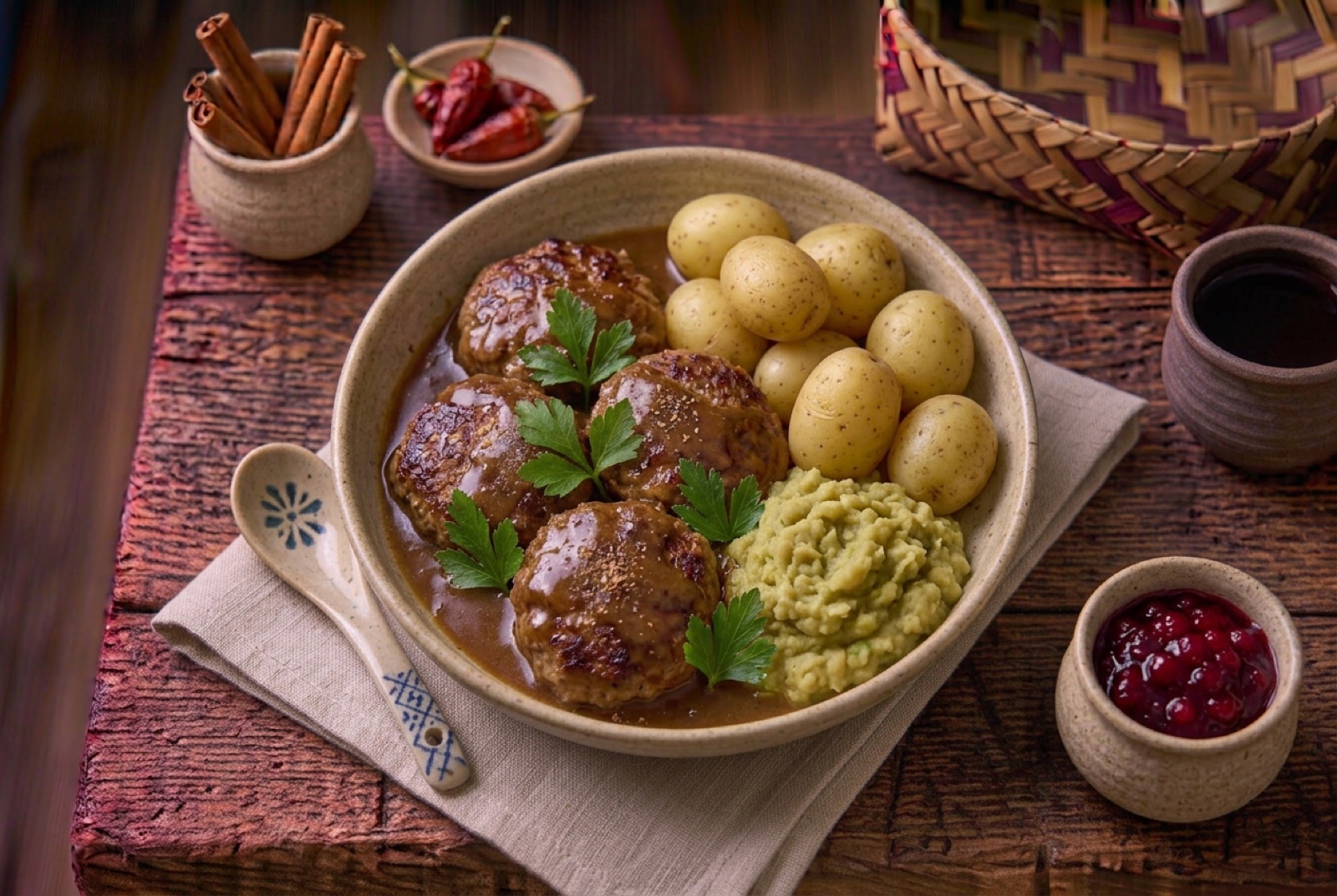 Three large Norwegian meat patties in dark brown gravy with boiled potatoes, mushy peas and lingonberry jam