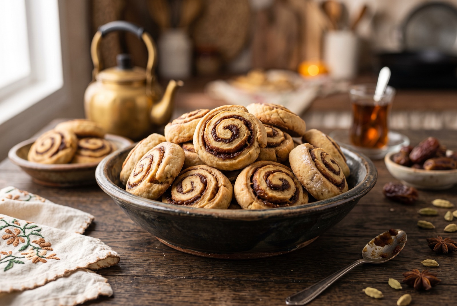 A tray of spiral kleicha cookies with dark date filling visible in the swirl, dusted with sesame seeds