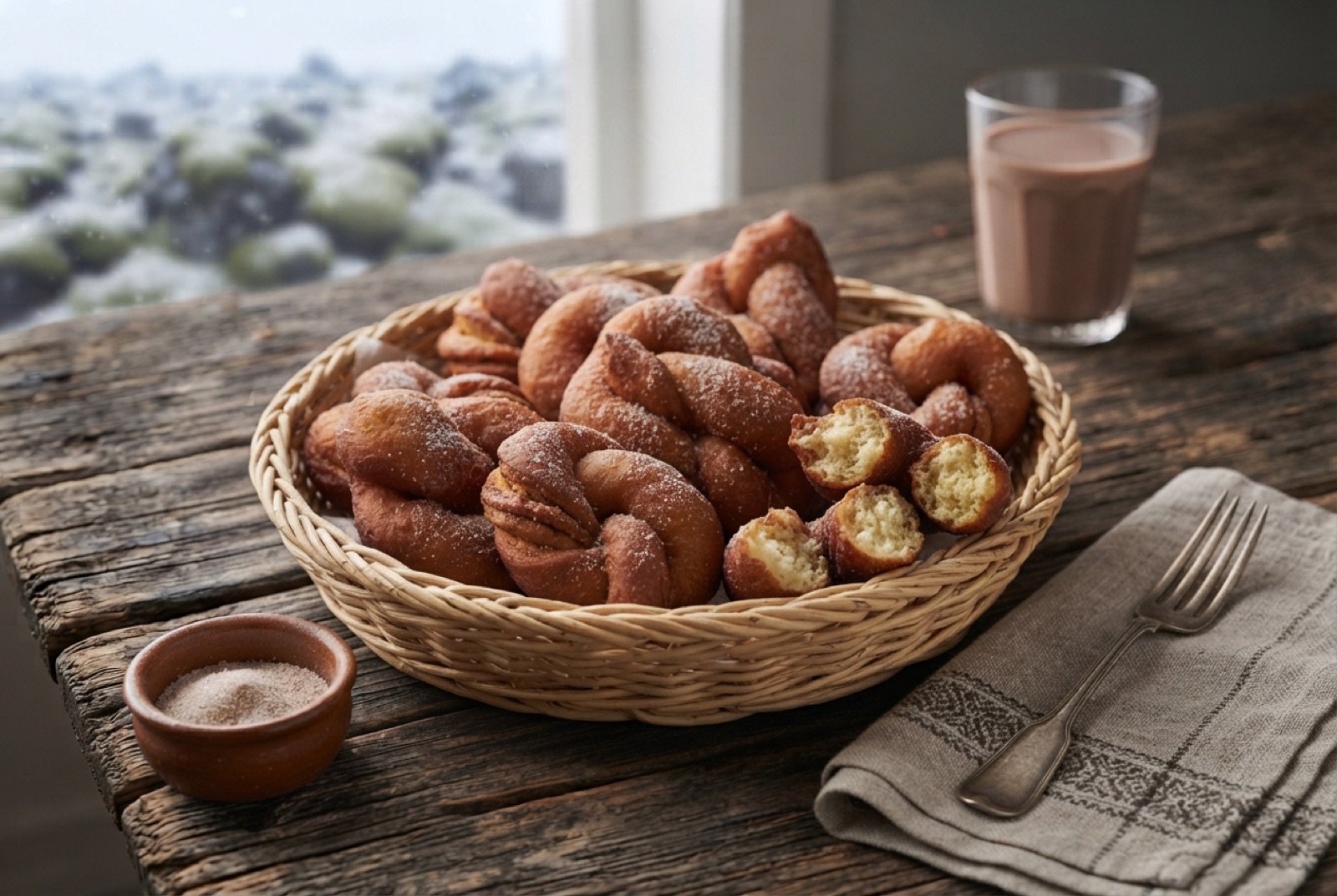 A pile of golden twisted Icelandic kleinur doughnuts cooling on a rack beside a cup of black coffee