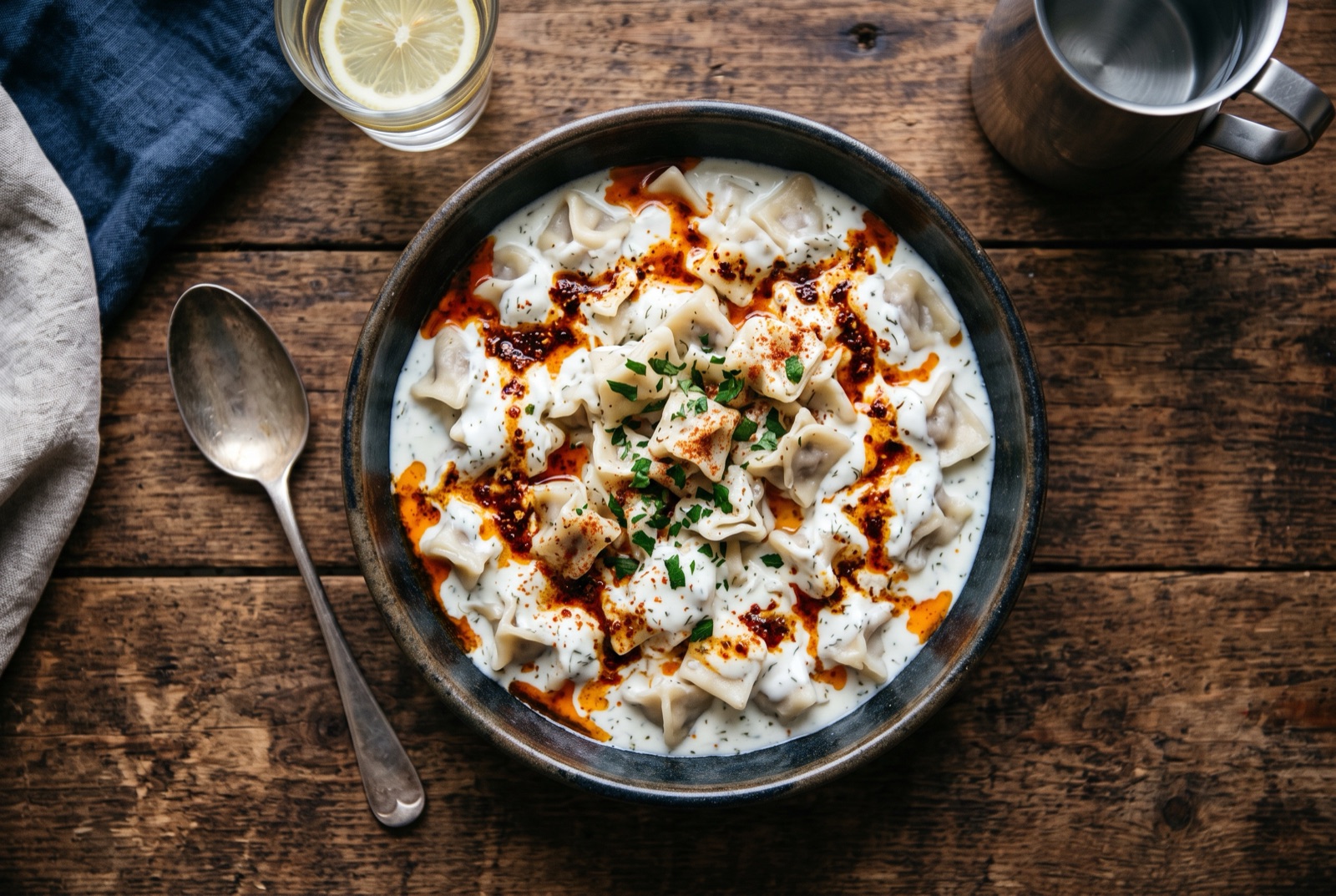 Bowl of small Bosnian klepe dumplings under white garlic yoghurt with orange paprika butter poured over the top