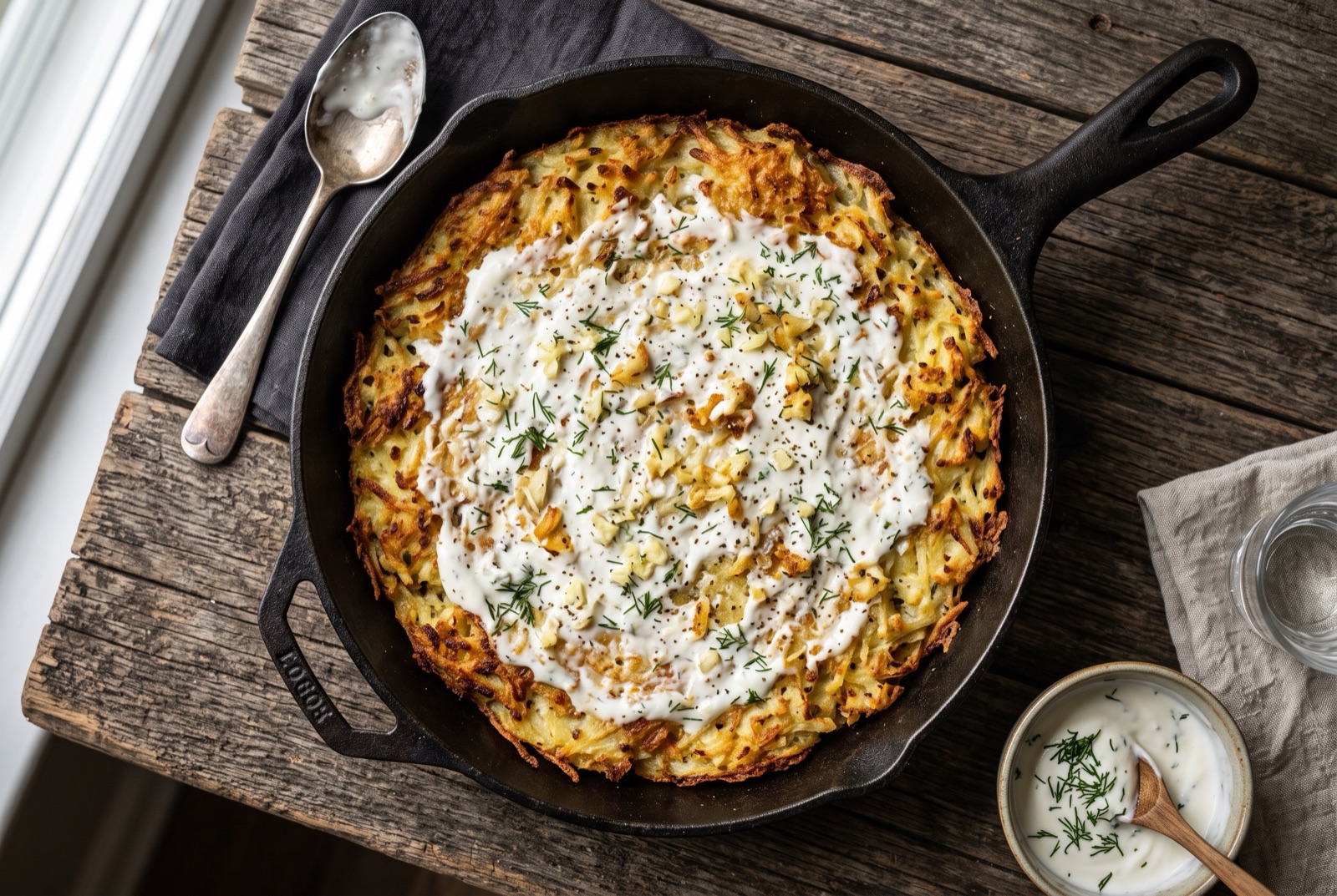 Shallow pan of golden baked grated potato kljukusa with crisp edges, covered in white garlic sour cream