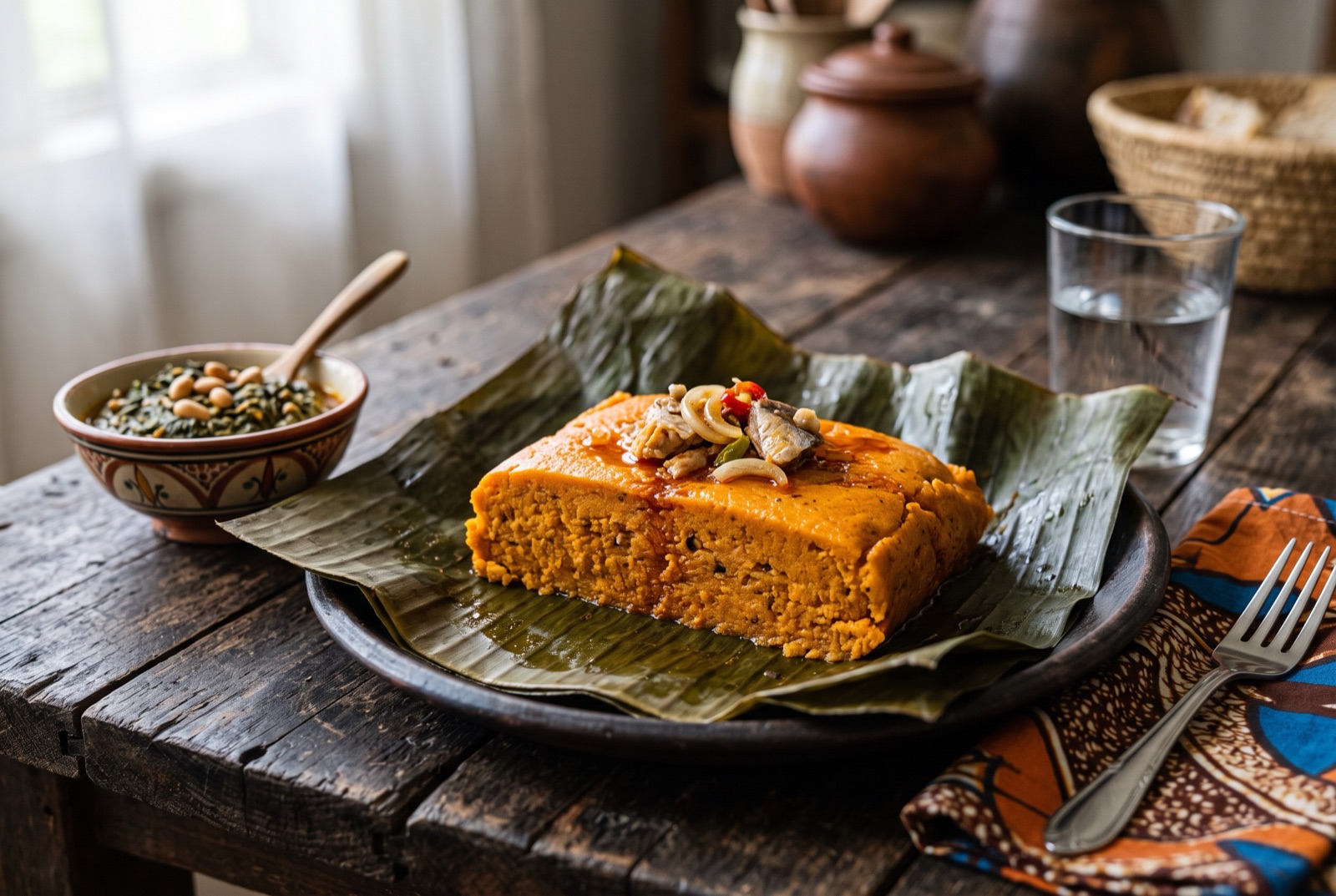 Opened banana leaf parcel showing a firm orange koki bean pudding beside slices of fried ripe plantain