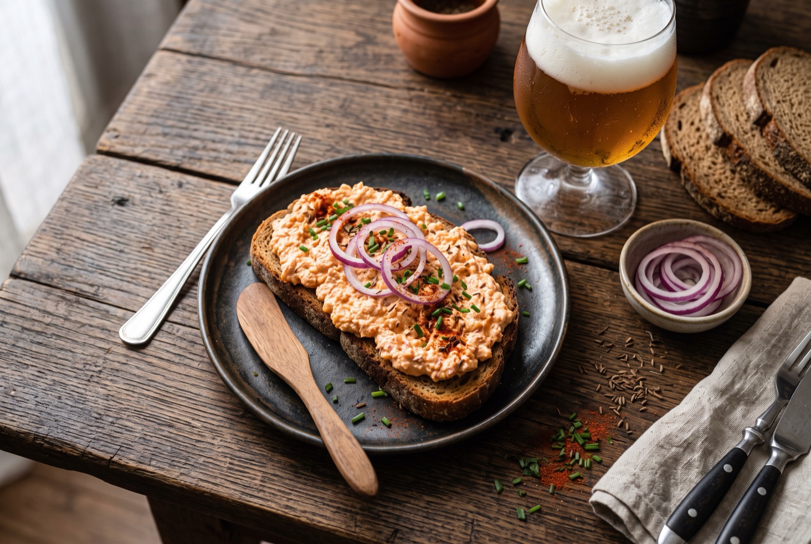 Bowl of pink Hungarian korozott paprika cheese spread dusted with paprika, with rye bread and raw onion rings
