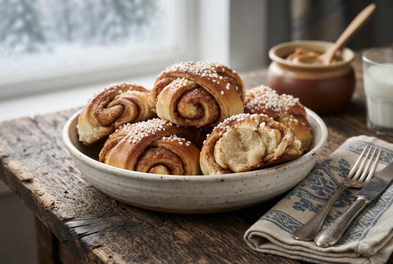 Finnish cinnamon buns with flared cut edges and pearl sugar on top, freshly baked and golden brown