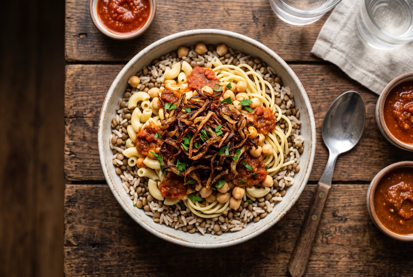 Bowl of koshari with rice and lentils under macaroni, chickpeas, red tomato sauce and a heap of dark crisp fried onions