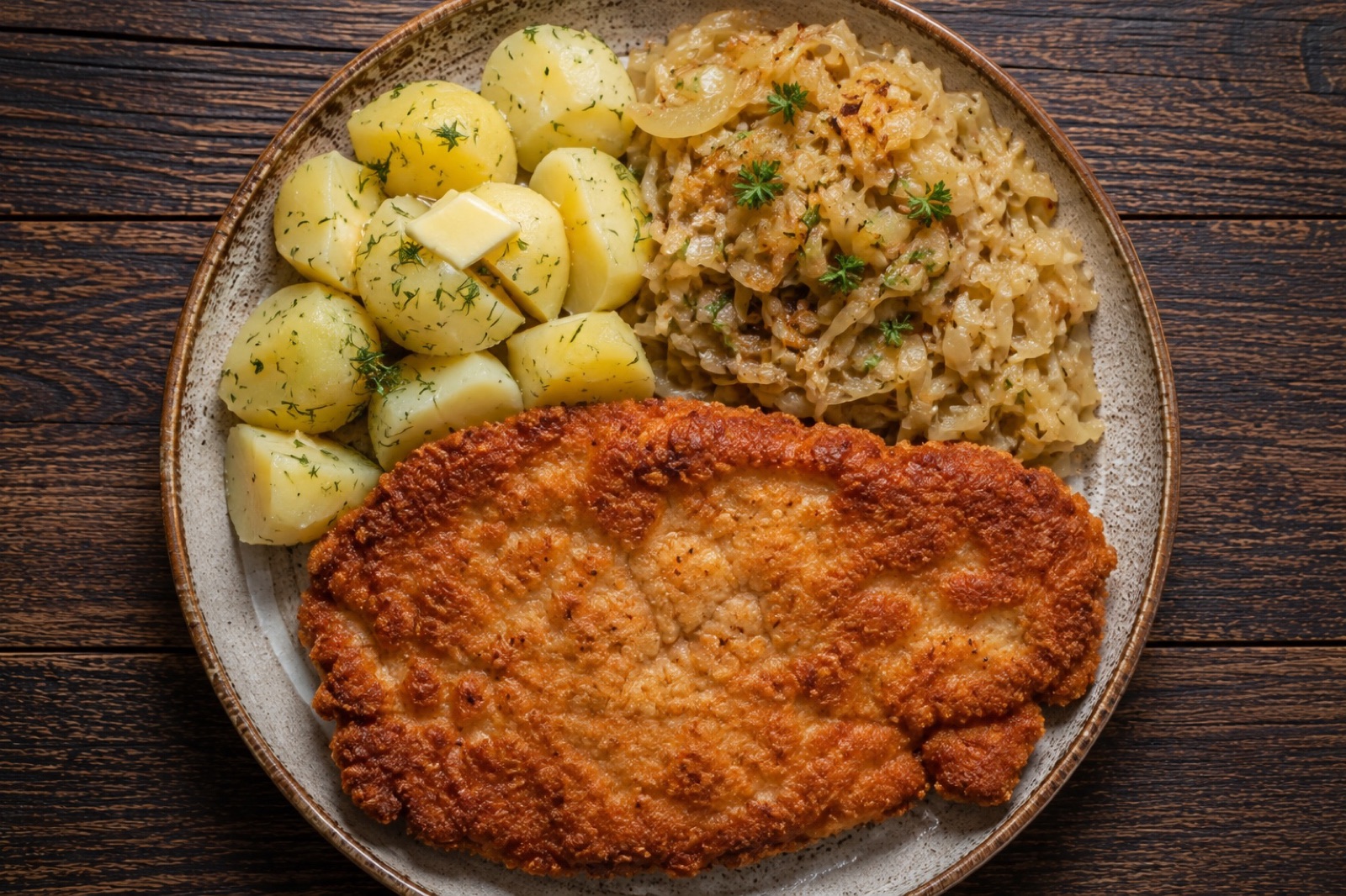 Golden breaded Polish pork cutlet on a plate with buttered dill potatoes and braised white cabbage