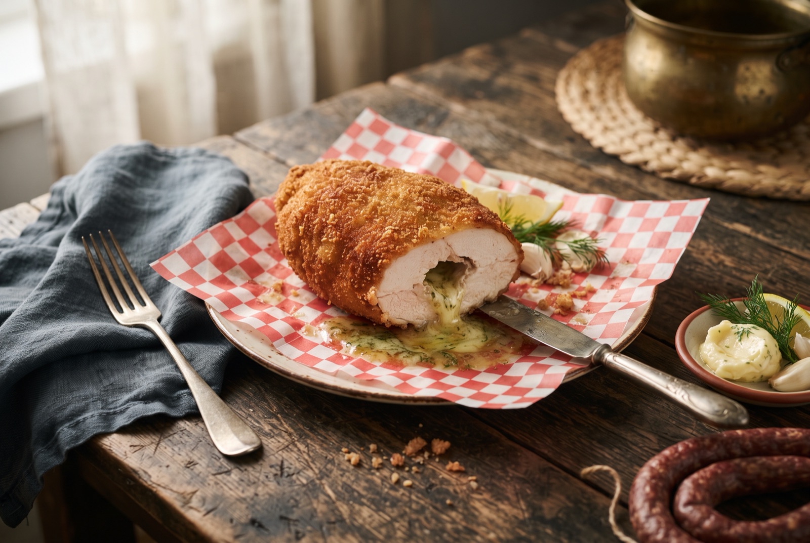 Golden breaded chicken Kyiv cut open with green herb garlic butter pouring out onto the plate