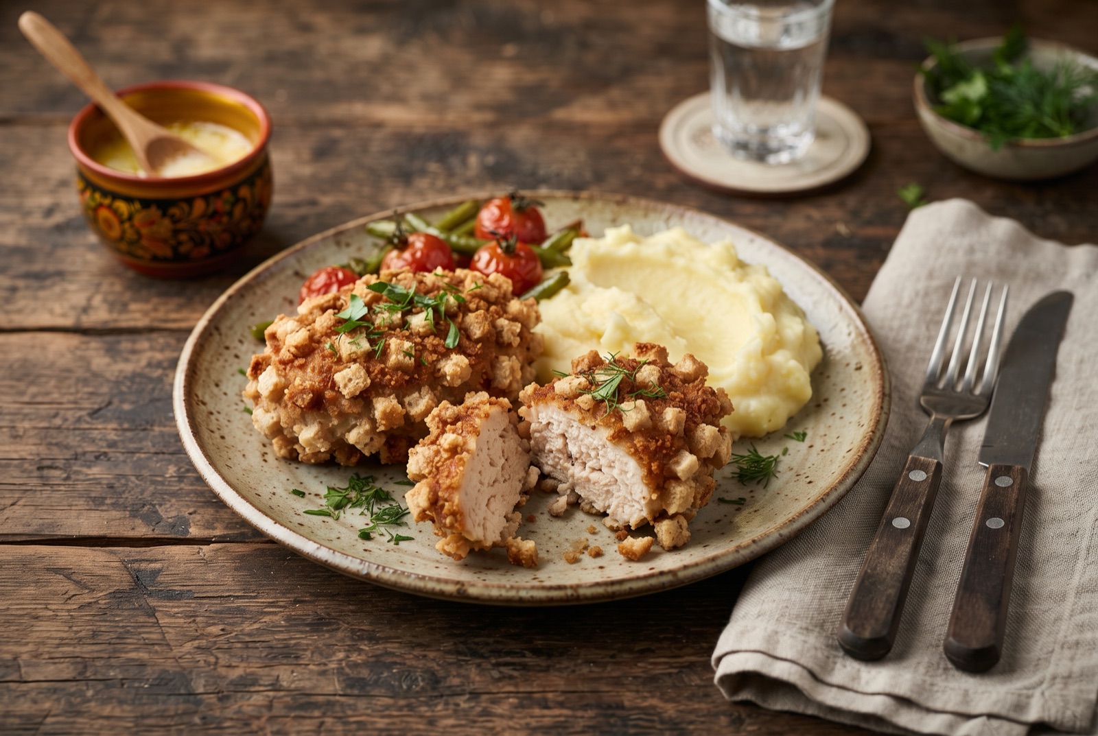 Golden Pozharsky chicken cutlets with a spiky bread-cube crust, served with mashed potato and lemon
