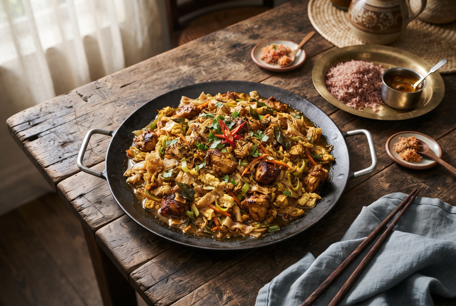 Chopped kottu roti piled on a plate, ribbons of flatbread mixed with egg, leek, carrot and shredded chicken curry