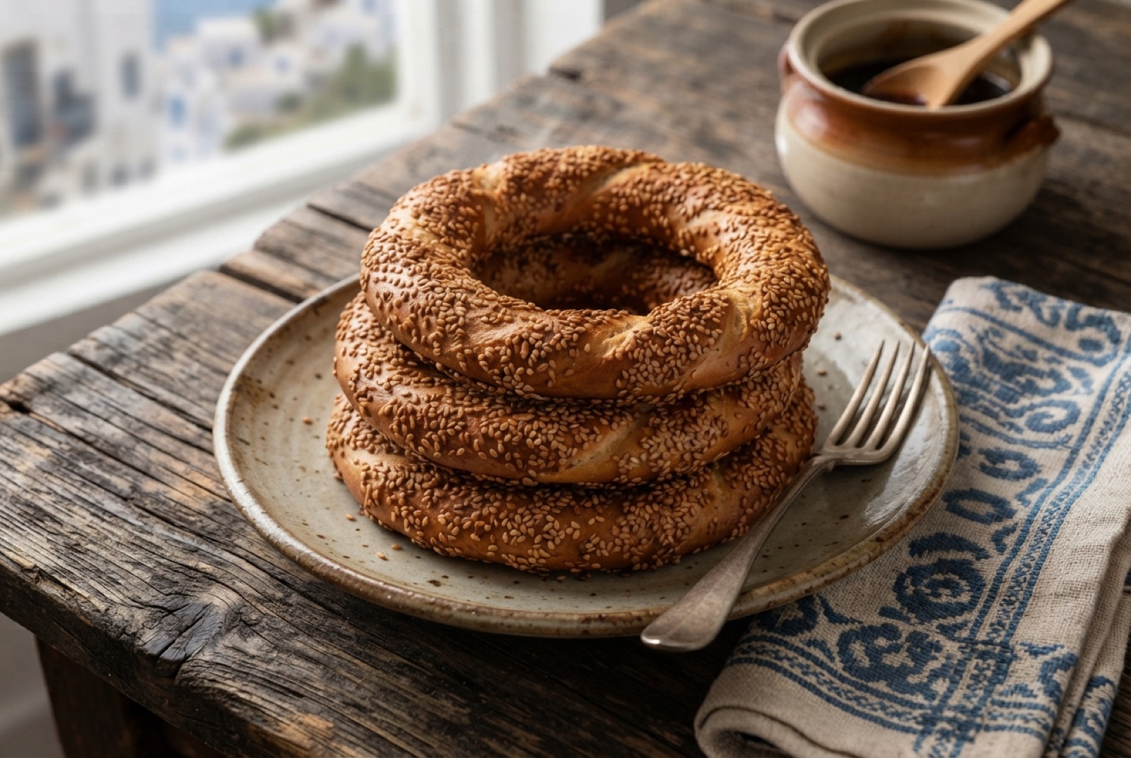 Thin bronze bread rings completely covered in toasted sesame seeds, stacked on a street vendor tray