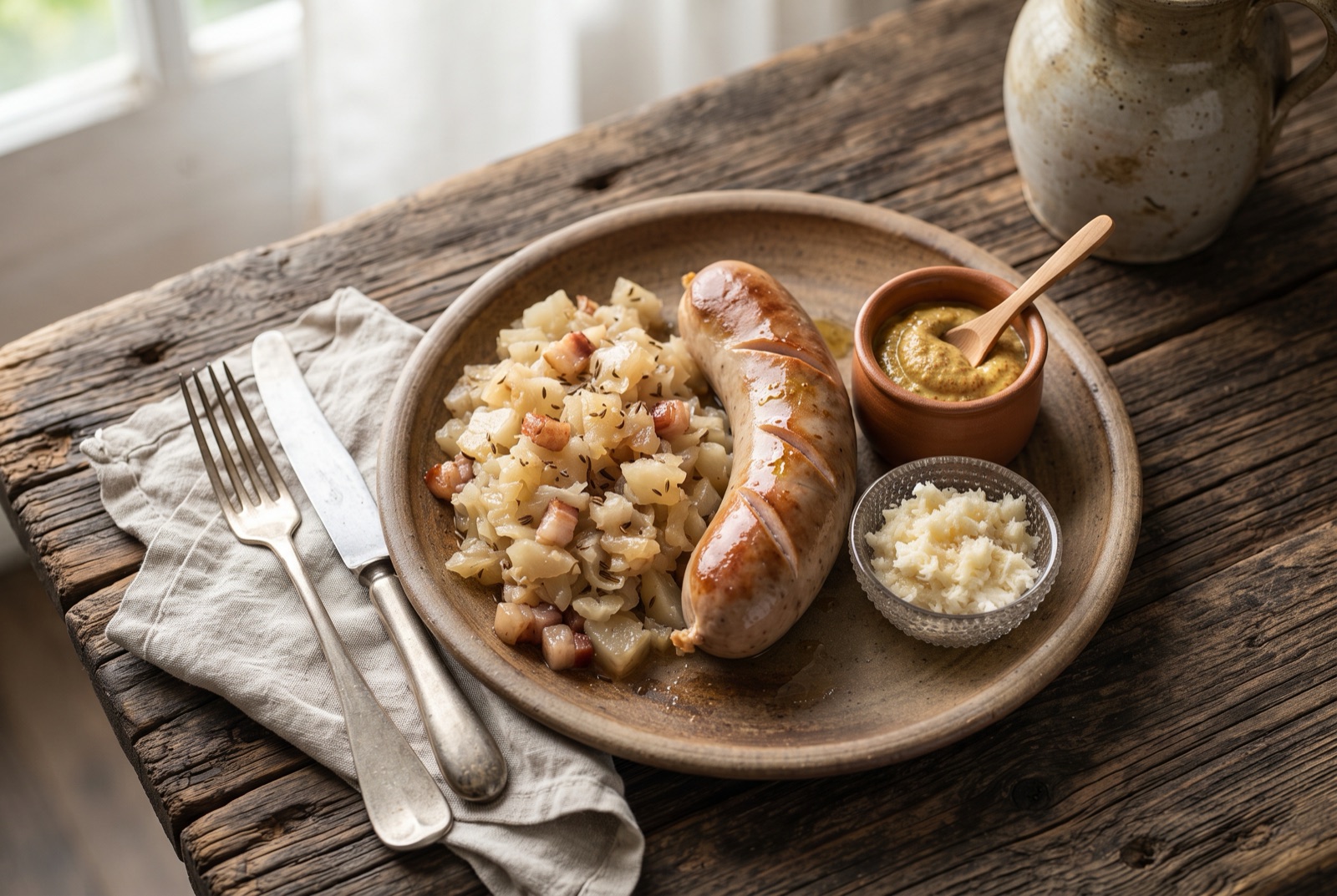 Plump poached Carniolan sausage on a plate with braised sour turnip, hot mustard and grated horseradish