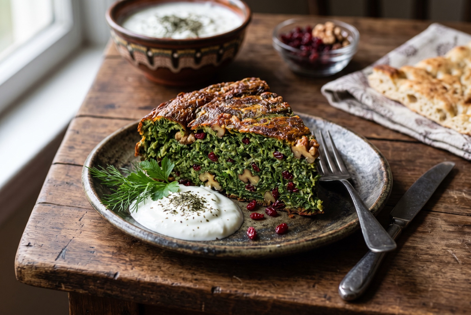 Wedges of deep green Persian kuku sabzi herb frittata studded with walnuts and red barberries on a board