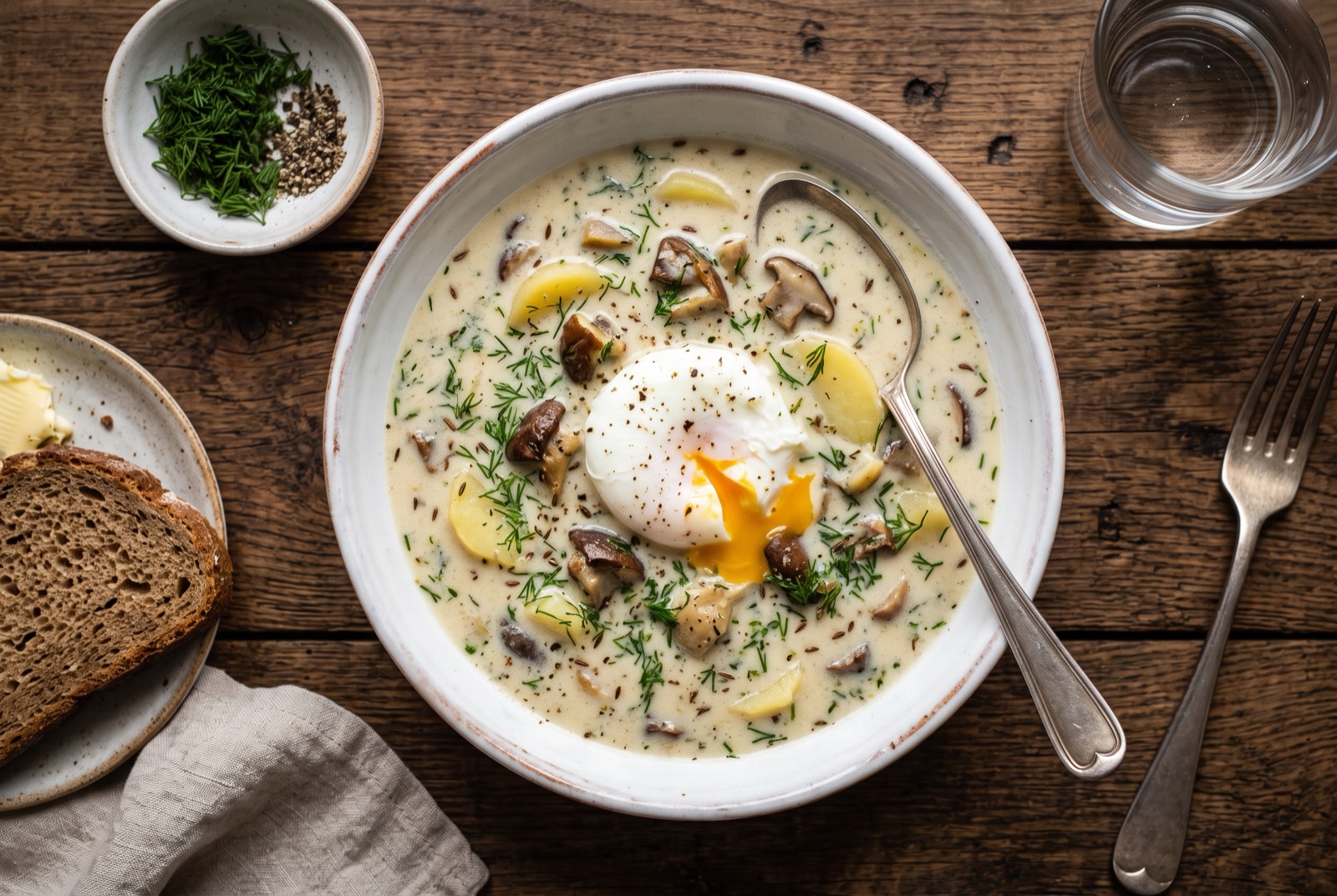 White creamy Czech soup with potato cubes, mushrooms and chopped dill, a poached egg in the centre of the bowl