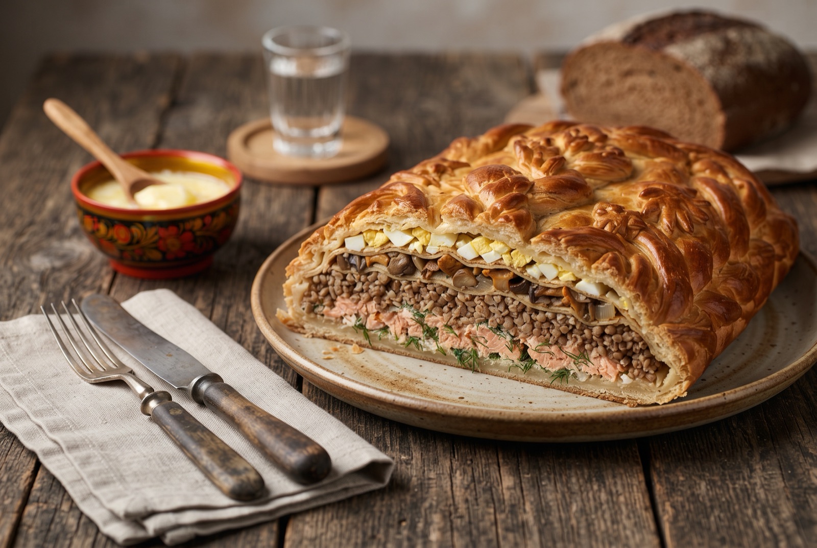 Sliced kulebyaka showing layers of salmon, buckwheat, mushrooms and egg inside a golden yeasted crust