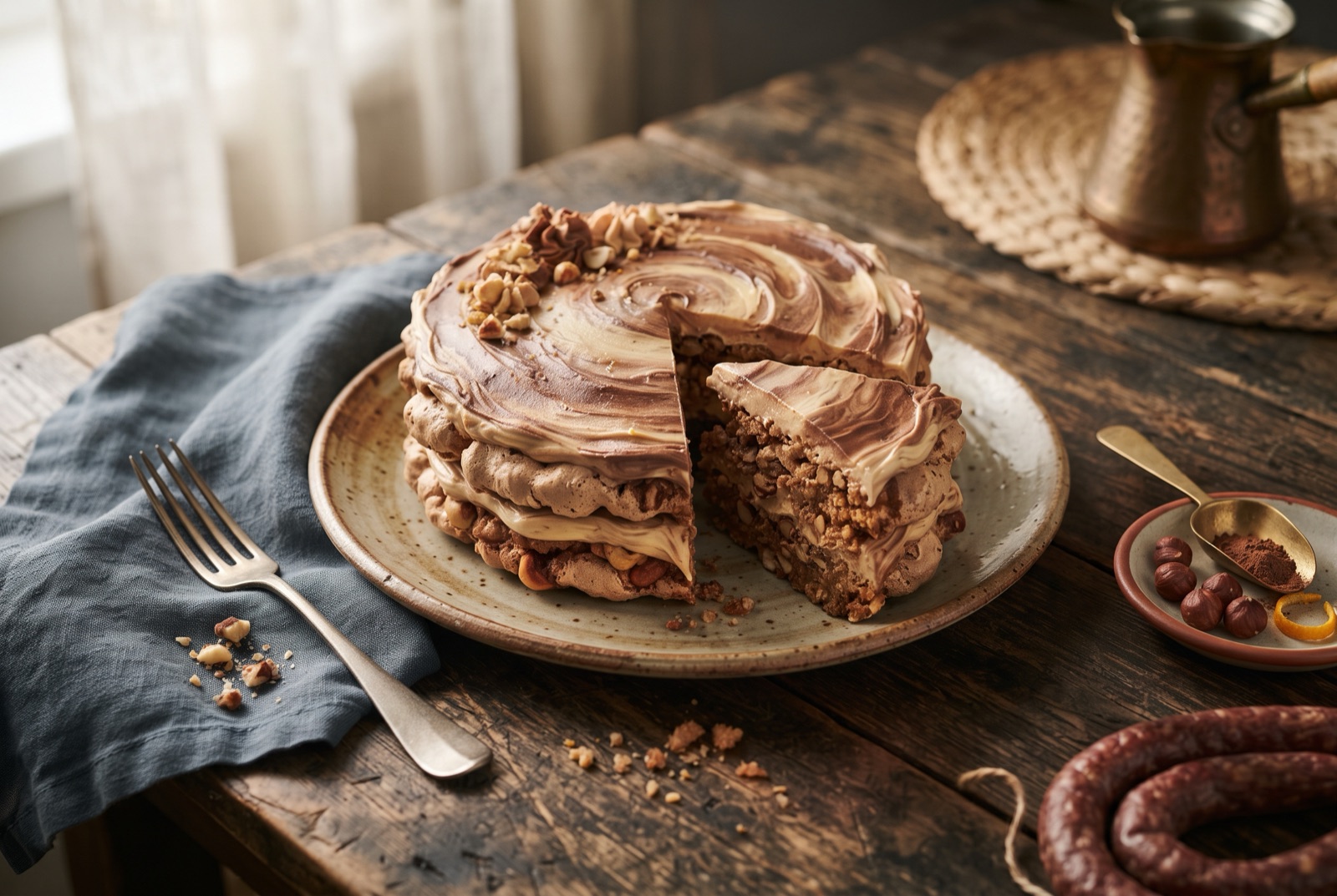Slice of Kyiv cake showing two nutty meringue layers filled with pale buttercream and coated in cocoa cream