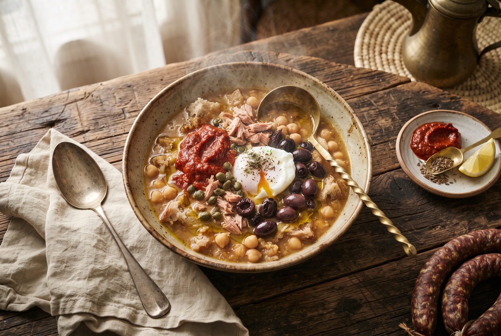 Deep bowl of chickpea broth over torn bread topped with a poached egg, harissa, capers, olives and olive oil