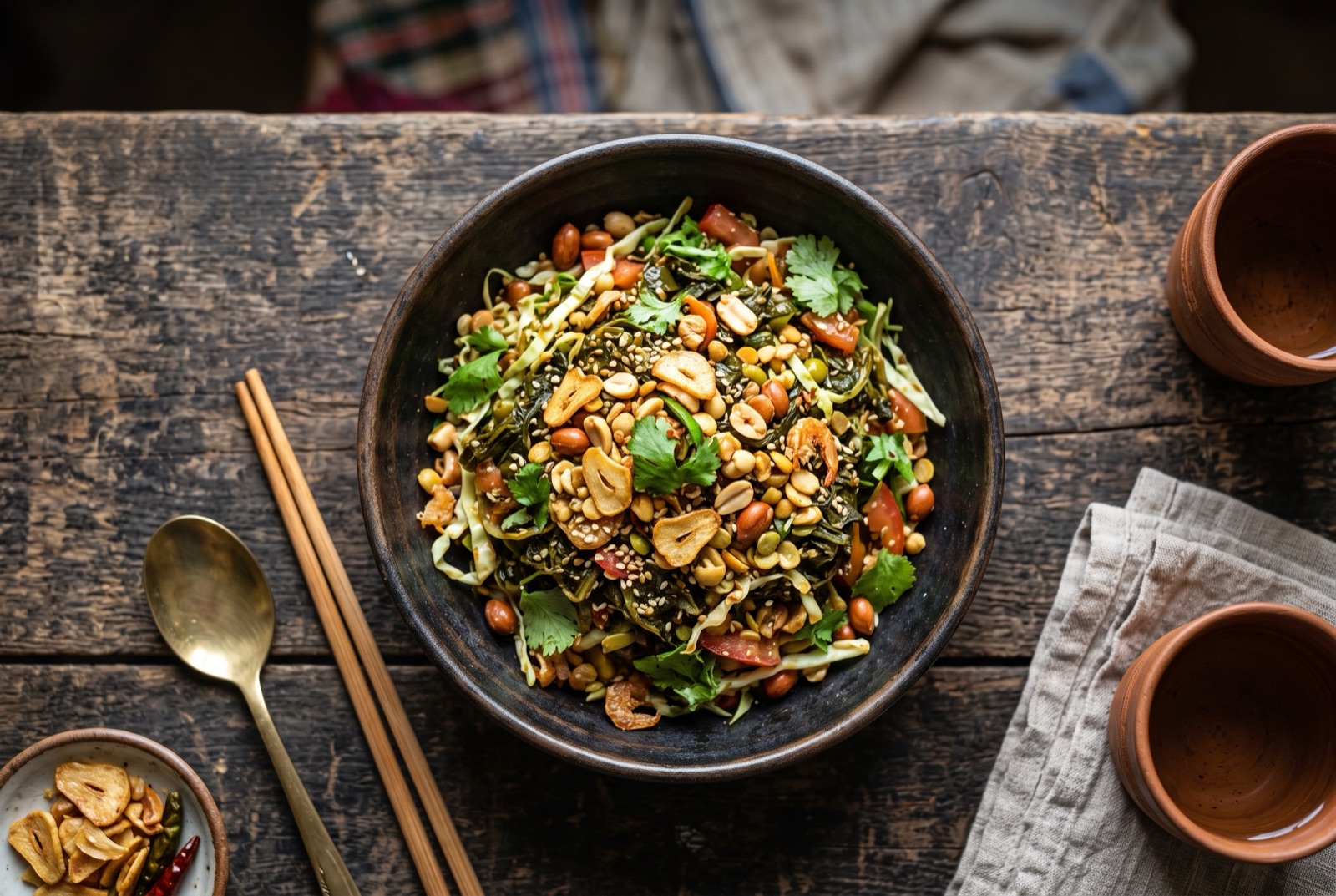 Burmese tea leaf salad with dark pickled tea, peanuts, split peas, shredded cabbage and tomato in a bowl