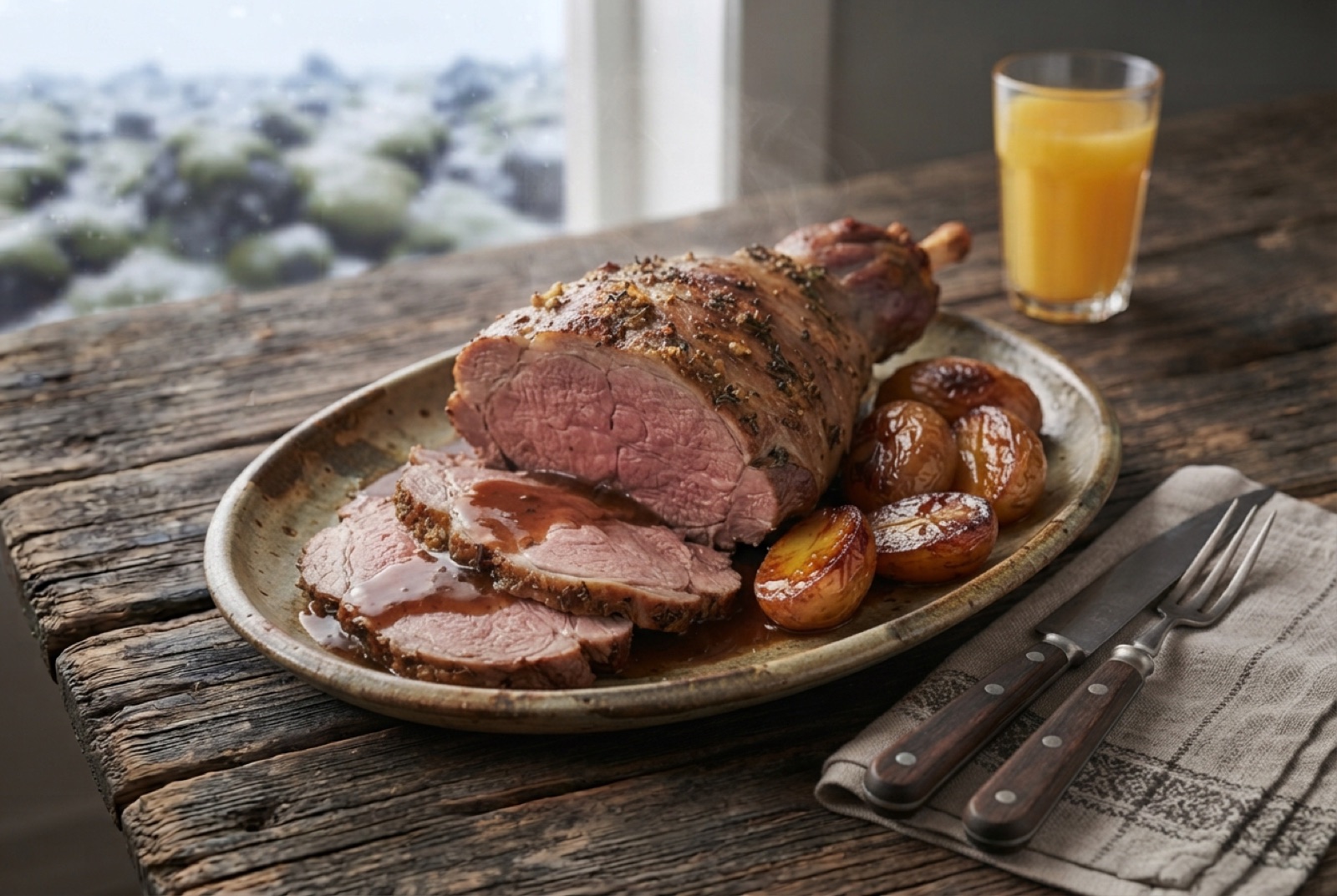 Carved pink roast leg of Icelandic lamb with glazed caramelised potatoes and dark gravy