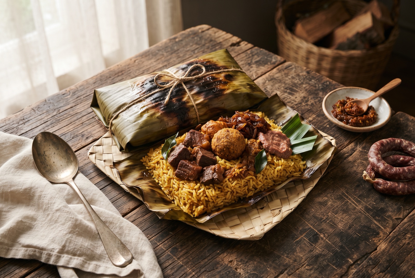 An opened banana leaf parcel of Sri Lankan lamprais with ghee rice, dark meat curry, a fried frikkadel and seeni sambol