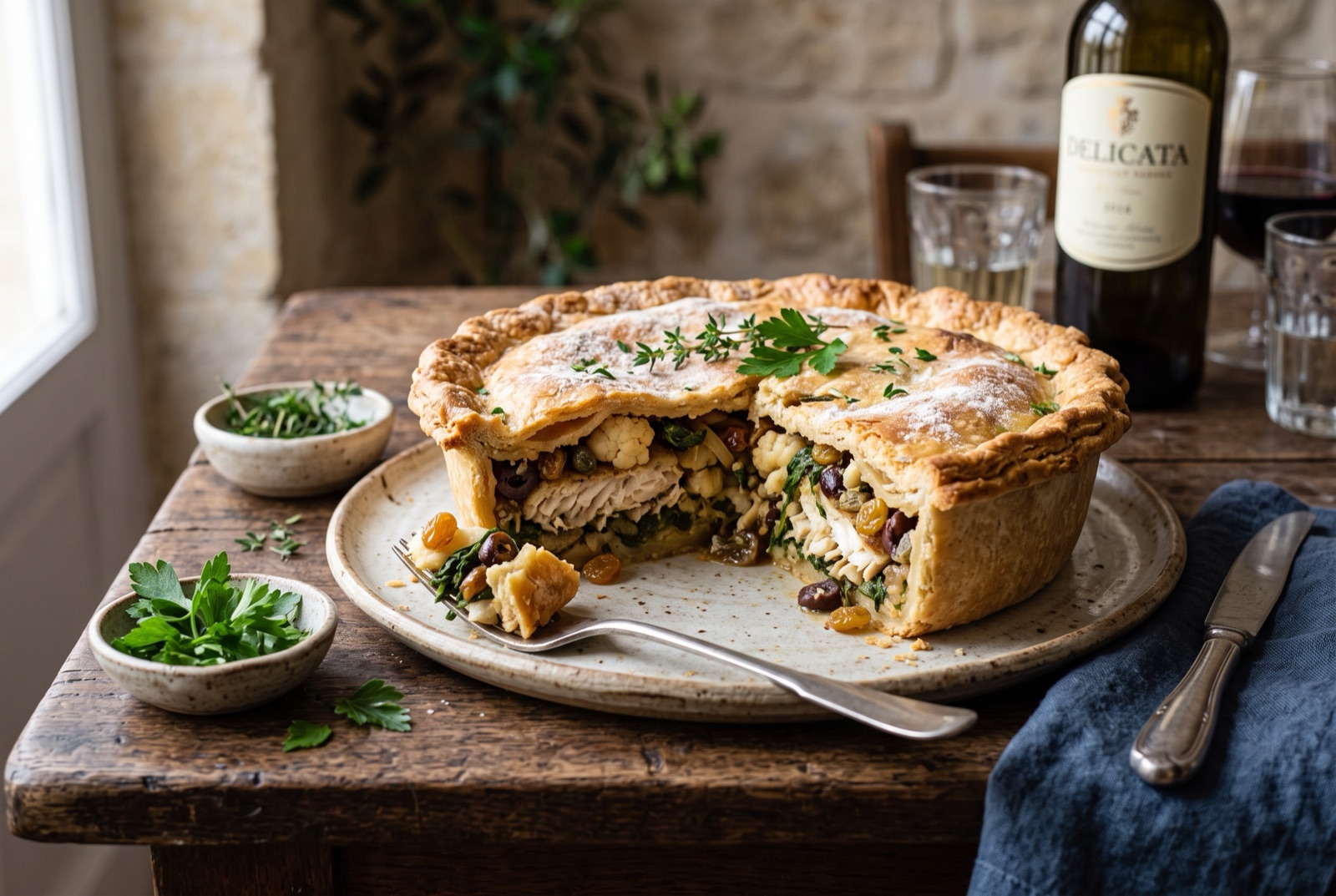 Golden Maltese lampuki pie with a slice cut out, showing fish, cauliflower, olives and spinach filling
