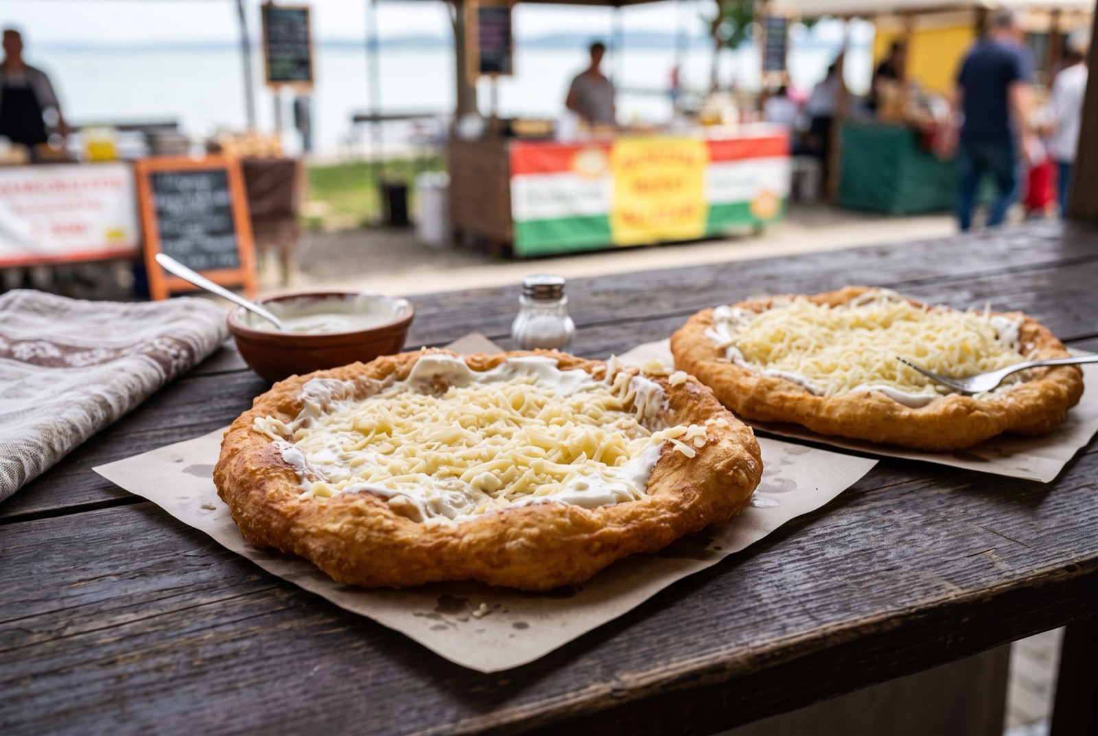 Golden blistered Hungarian langos flatbread topped with thick sour cream and a heap of grated cheese