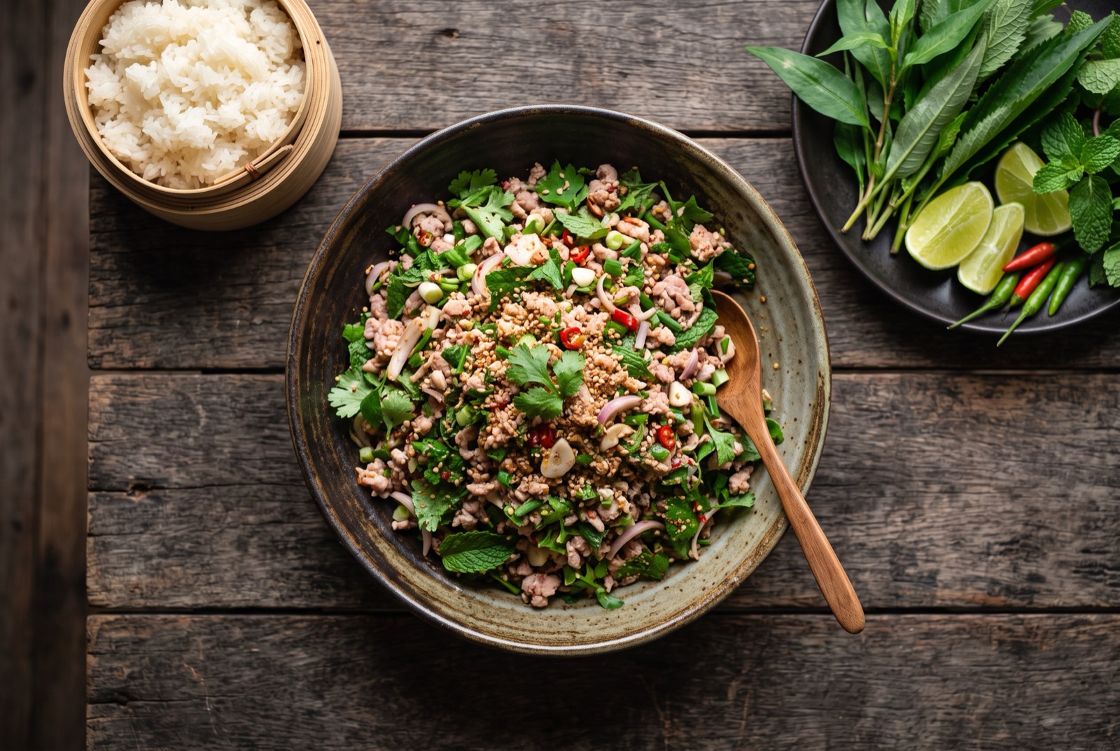 Lao pork larb in a bowl with mint, coriander, sliced shallots and toasted rice powder, sticky rice basket beside it
