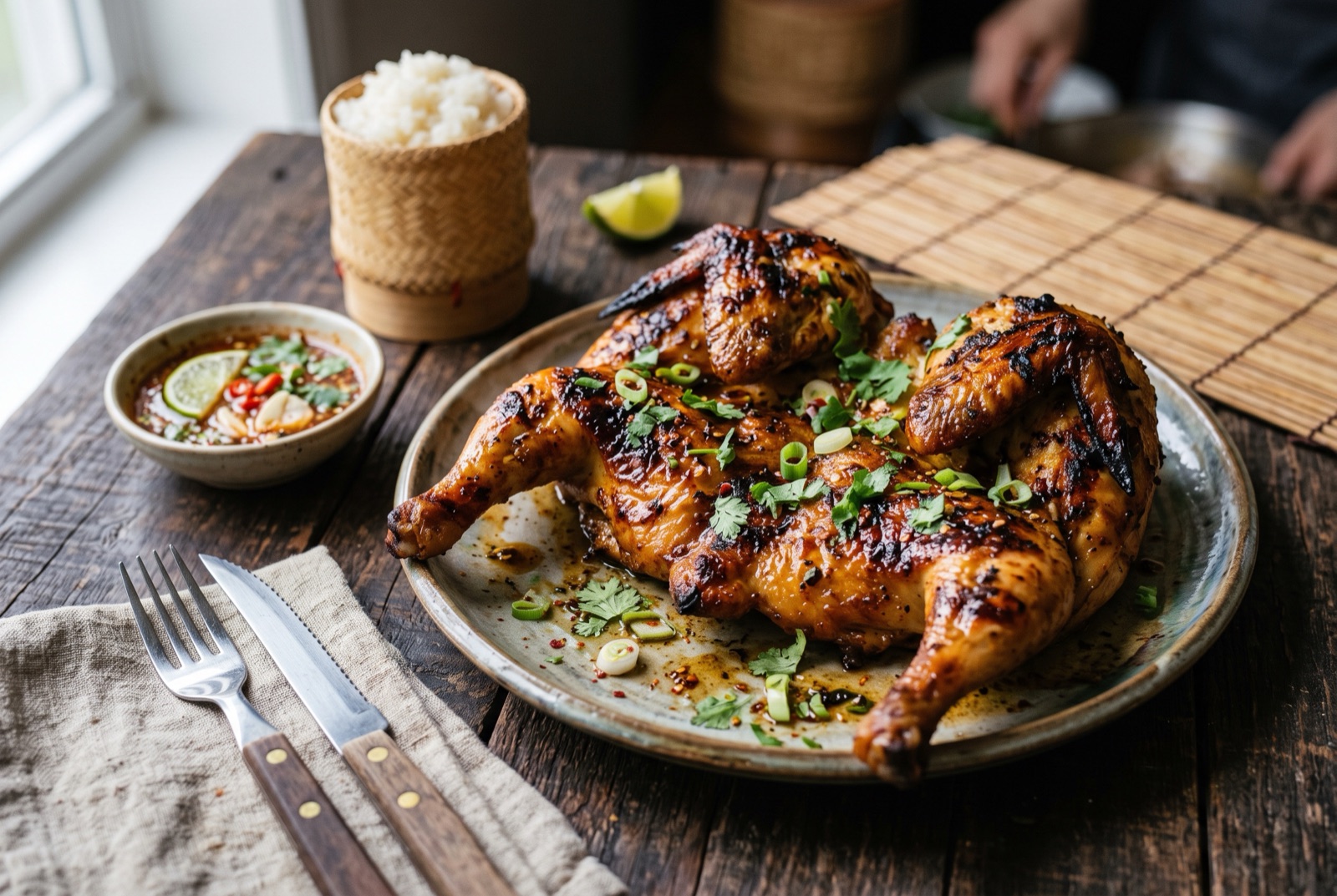 Butterflied Lao grilled chicken with lacquered mahogany skin on a charcoal grill beside a bowl of sour dipping sauce